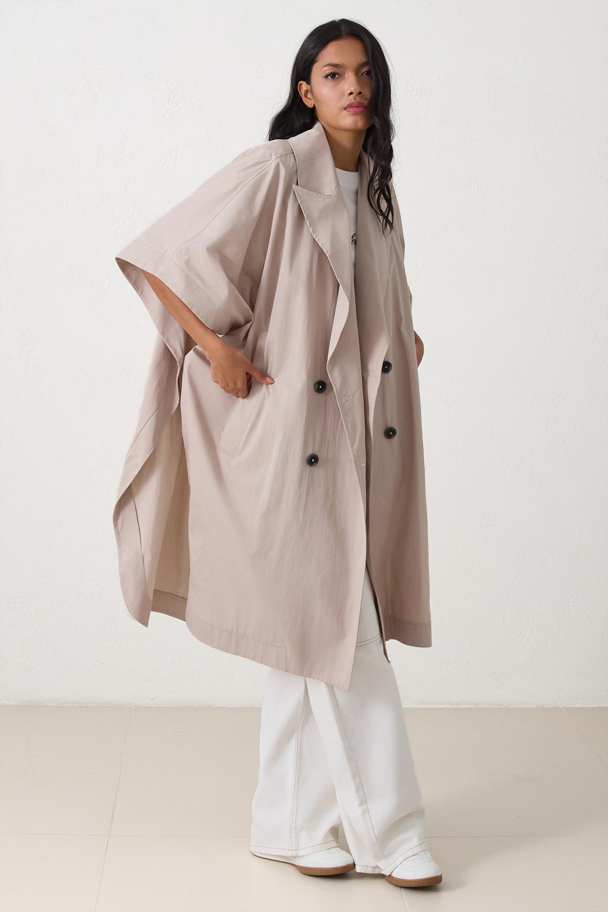 Bej Oversize Kruvaze Kapama Midi Boy Trençkot