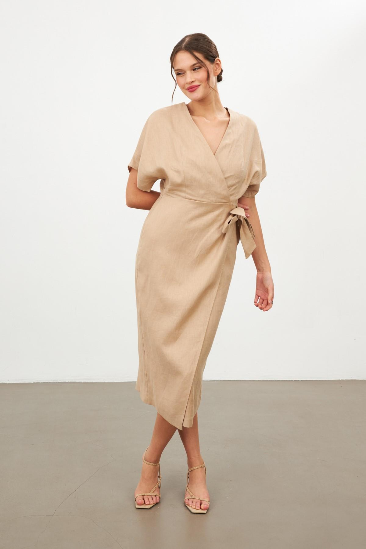 Bej Belden Bağlama Detaylı Asimetrik Kısa Kollu Elbise Kadın Günlük Elbise modelleri