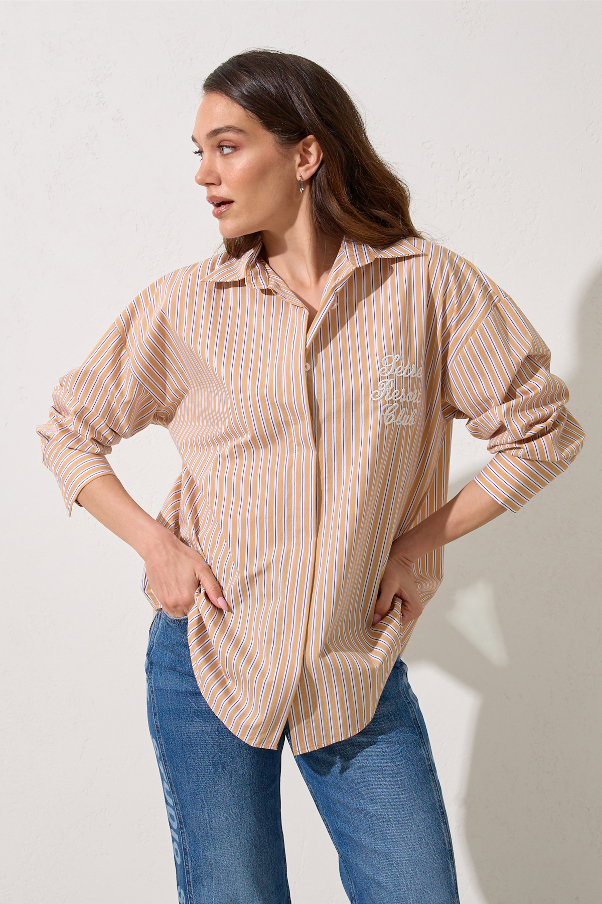 Camel  Nakış Detaylı Çizgili Uzun Kollu Oversize Gömlek