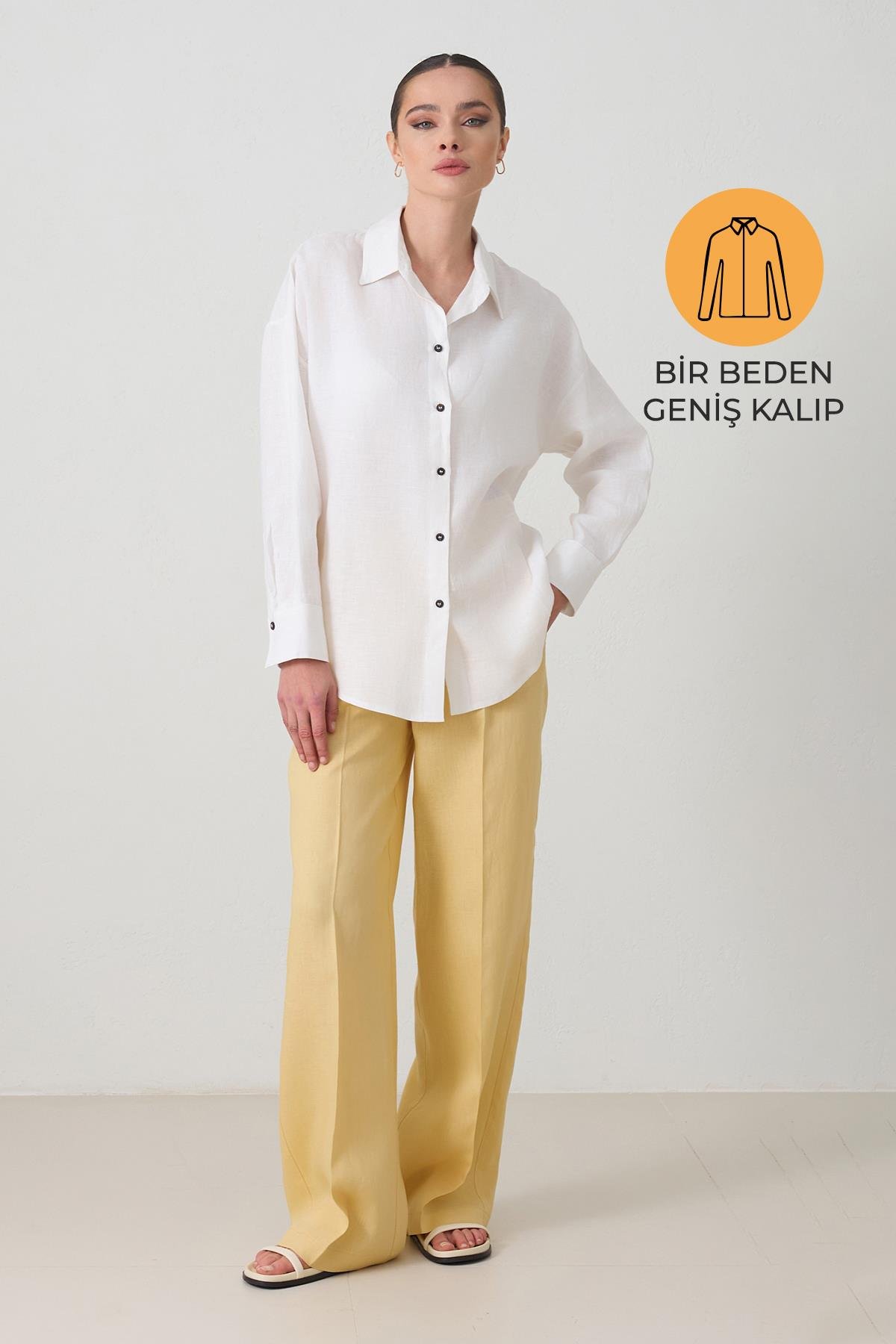 Ekru %100 Keten Uzun Kollu Geniş Kalıp Gömlek