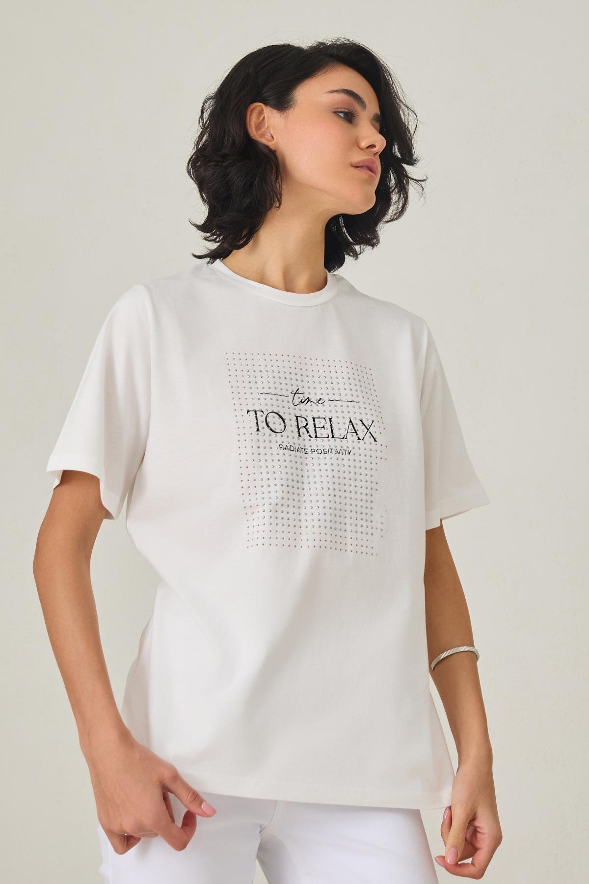 Ekru %100 Pamuklı Kısa Kollu Baskı Detaylı T-Shirt