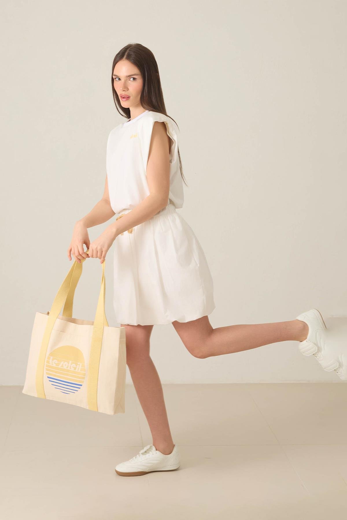 Ekru %100 Pamuklu Belden Lastikli Bağlama Detaylı Etek Kadın Kategorisiz modelleri