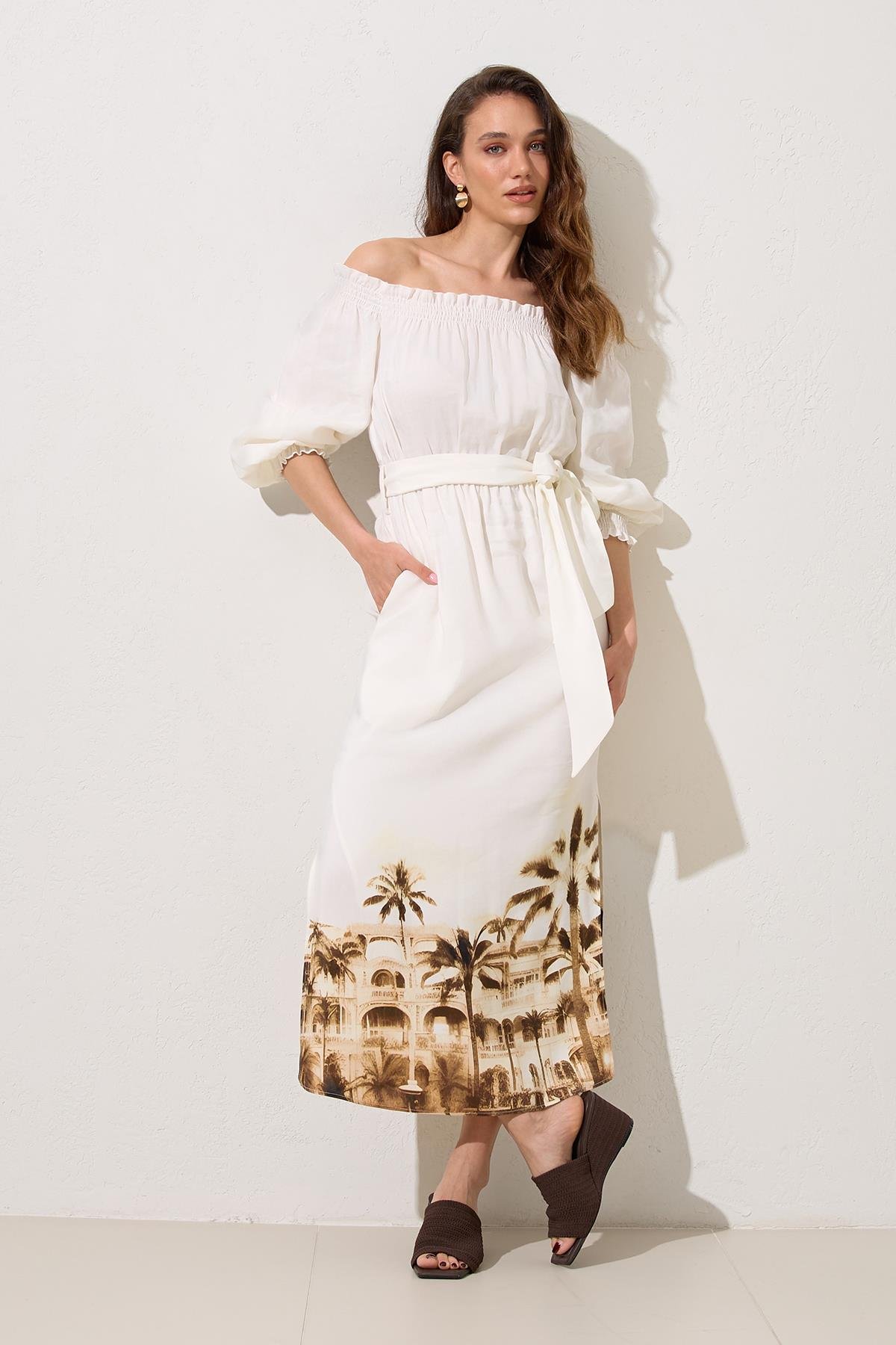 Ekru Omuz Ve Bilek Detaylı Beli Kemerli Rahat Kesim Tam Kalıp Midi Boy Elbise