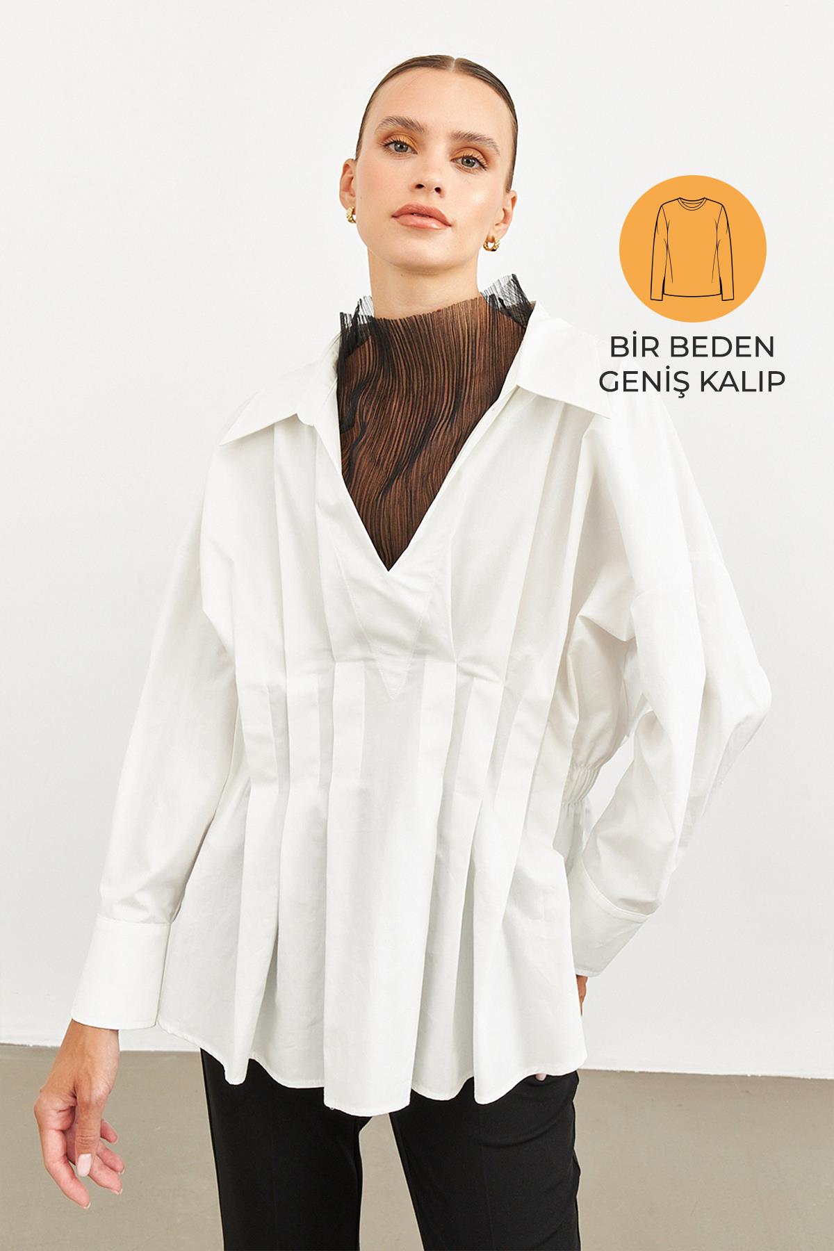 Ekru V Yaka Pileli Gömlek Detaylı Uzun Kollu Geniş Kesim Bluz