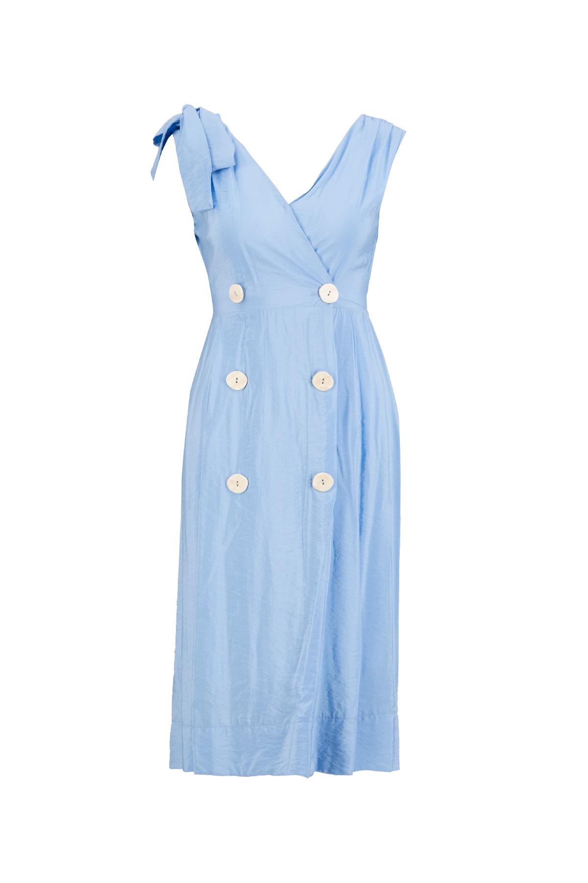 Sky Blue  Hidden Pat Waist Elasticated Trouser Sleeve Sleeve Knee Length Midi Dress