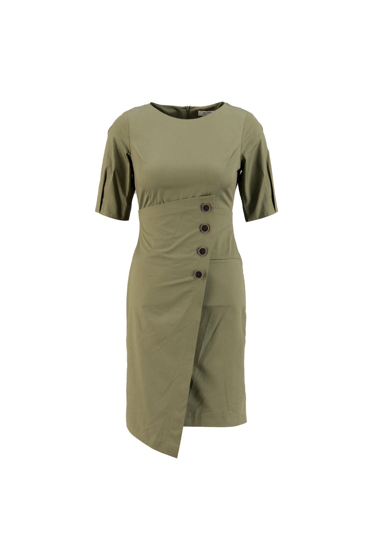 Khaki V-Neck Fitted Lined Half Sleeve Maxi Length Floral Pattern Dress Kadın Dresses & Evening Dresses modelleri