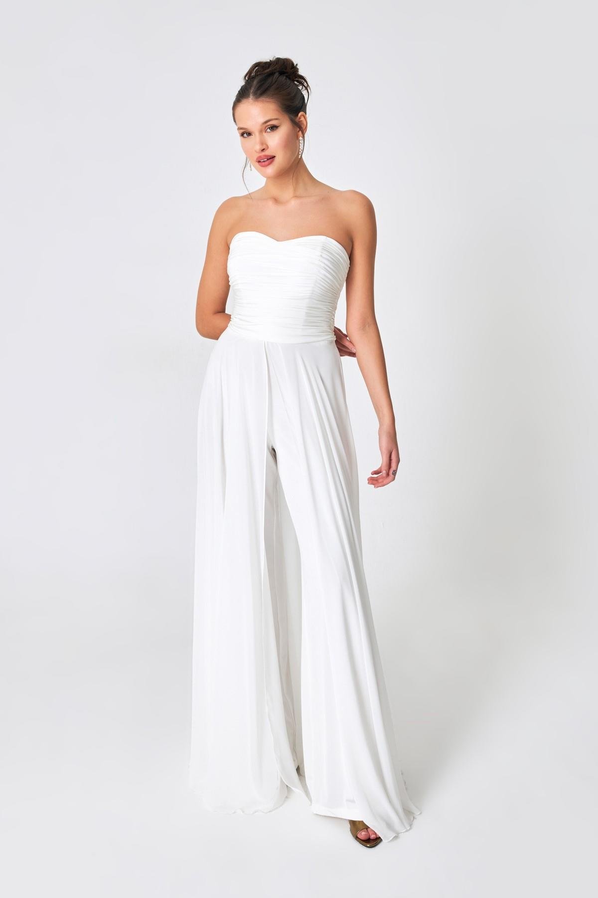 Kemik Straplez Drape Ve Tül Detaylı Maxi Boy Abiye Elbise