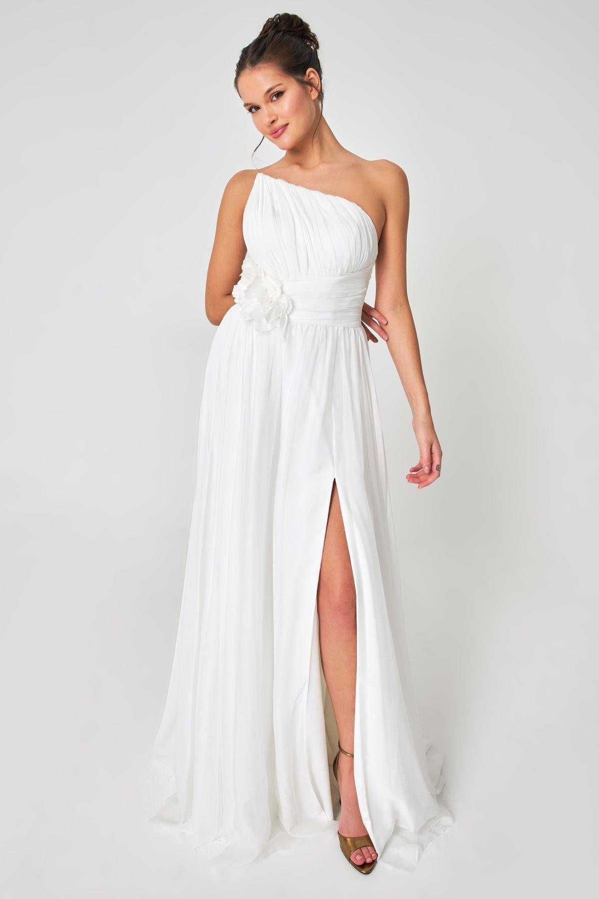 Kemik Tek Omuz Drape Ve Gül Detaylı Yırtmaçlı Abiye Elbise