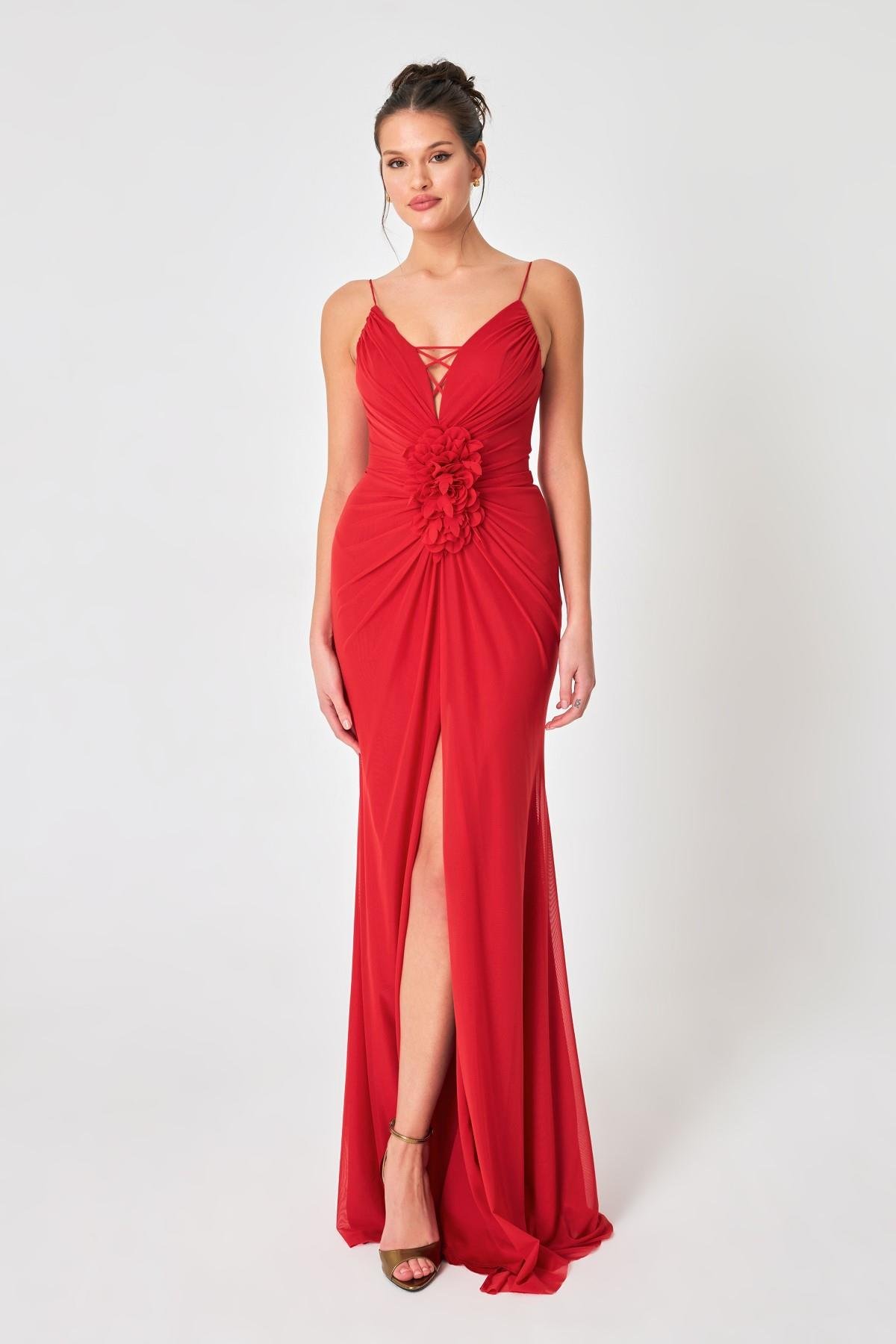 Kırmızı Çiçek Detaylı Pliseli Abiye