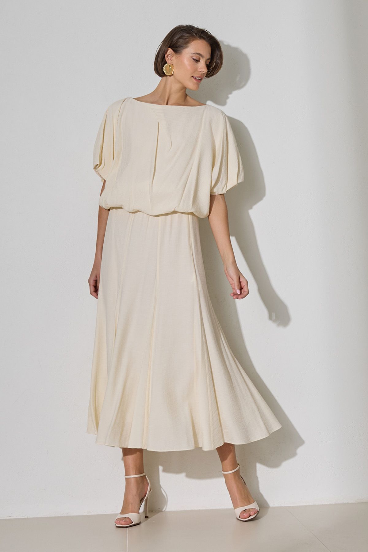 Krem Belden Lastik Detaylı Midi Boy Etek