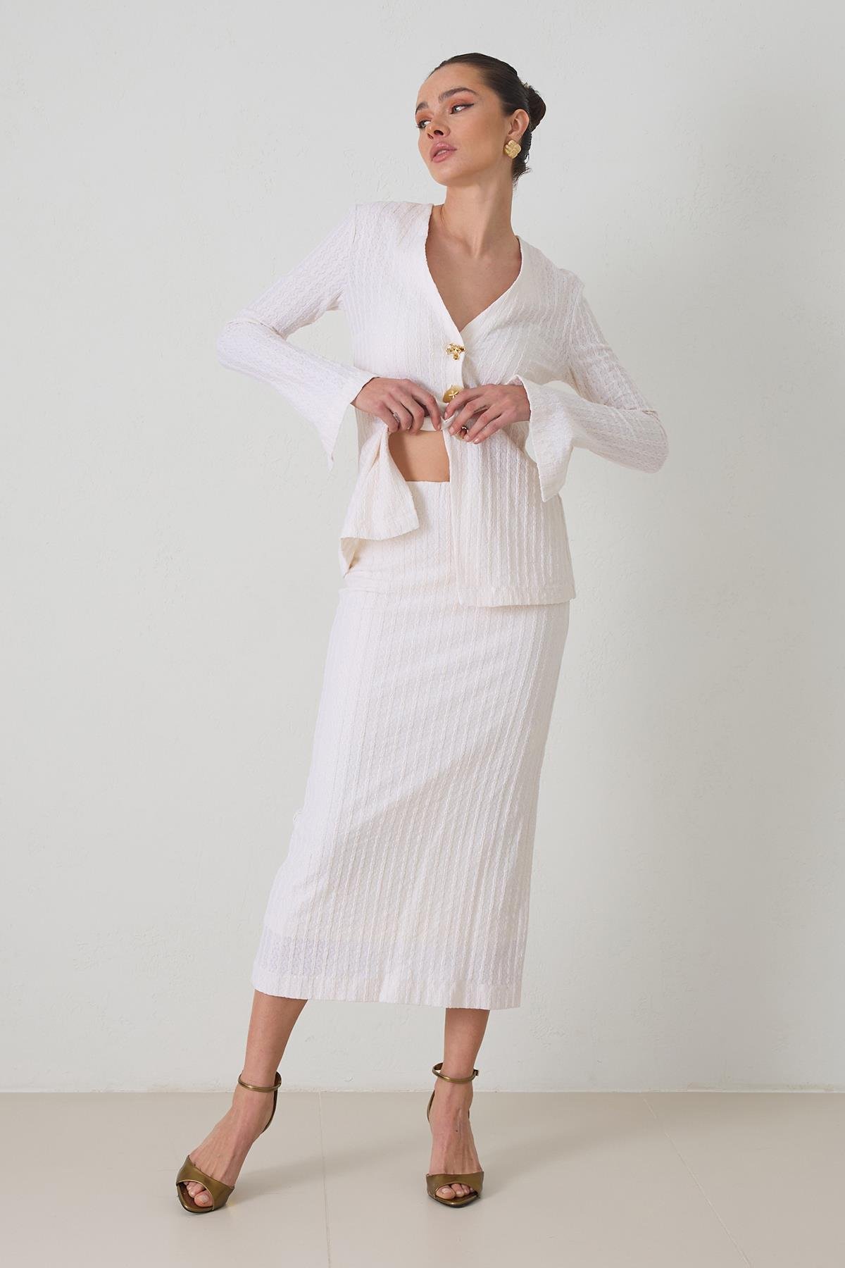 Krem Rahat Kesim Tam Kalıp Midi Boy Etek