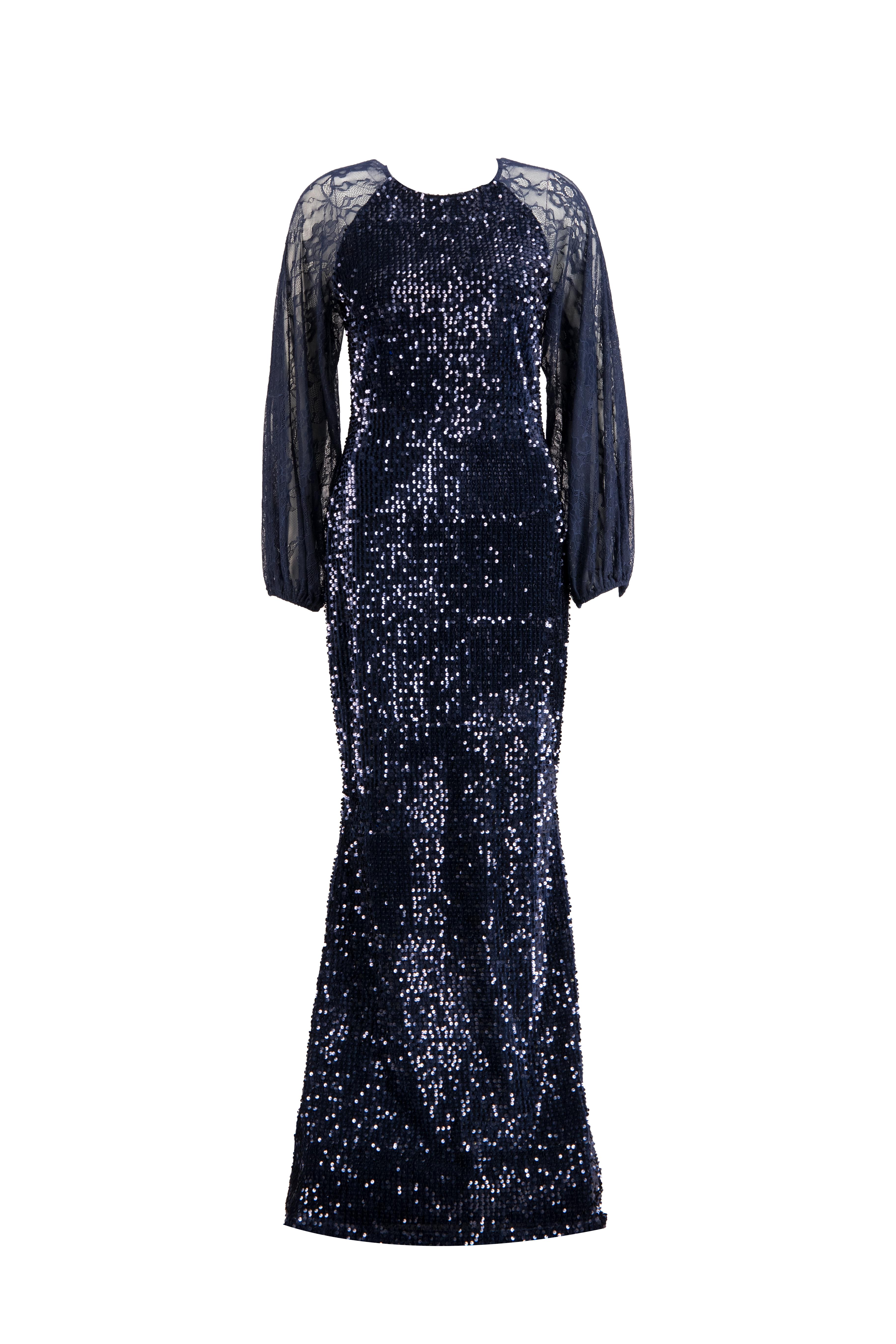 Lacivert Bisiklet Yaka Uzun Kol Maxi Abiye Elbise Kadın Evening Dress modelleri