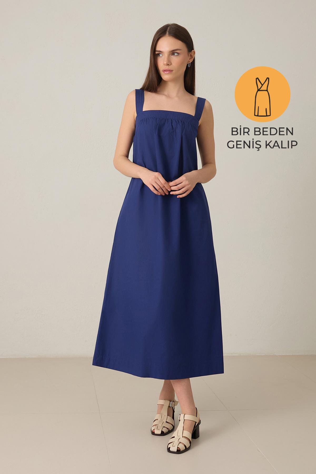 Lacivert Geniş Kalıp Kare Yaka Pamuklu Dikiş Detaylı Midi Boy Elbise