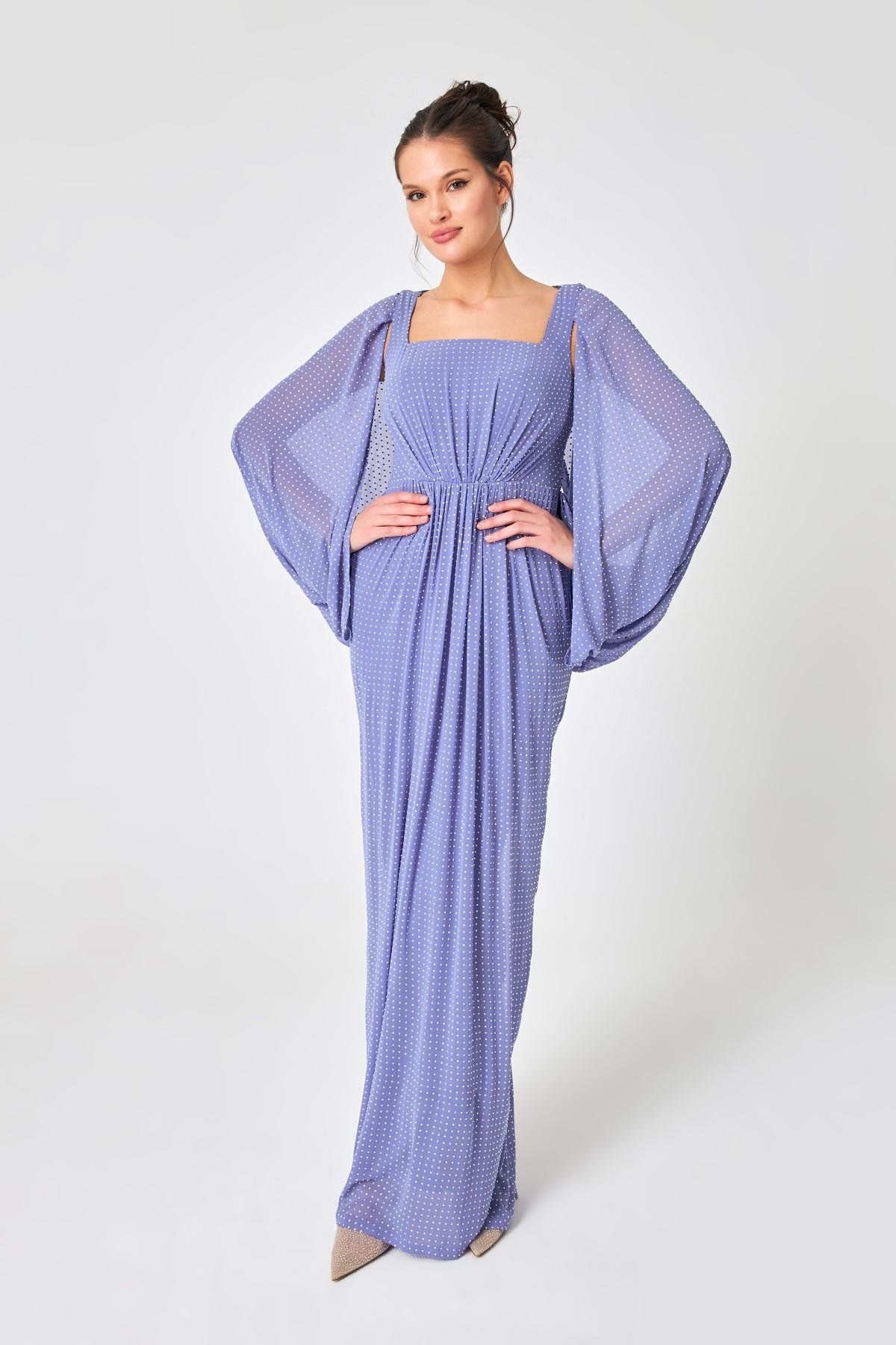 Lila Kol Detaylı Pileli Abiye