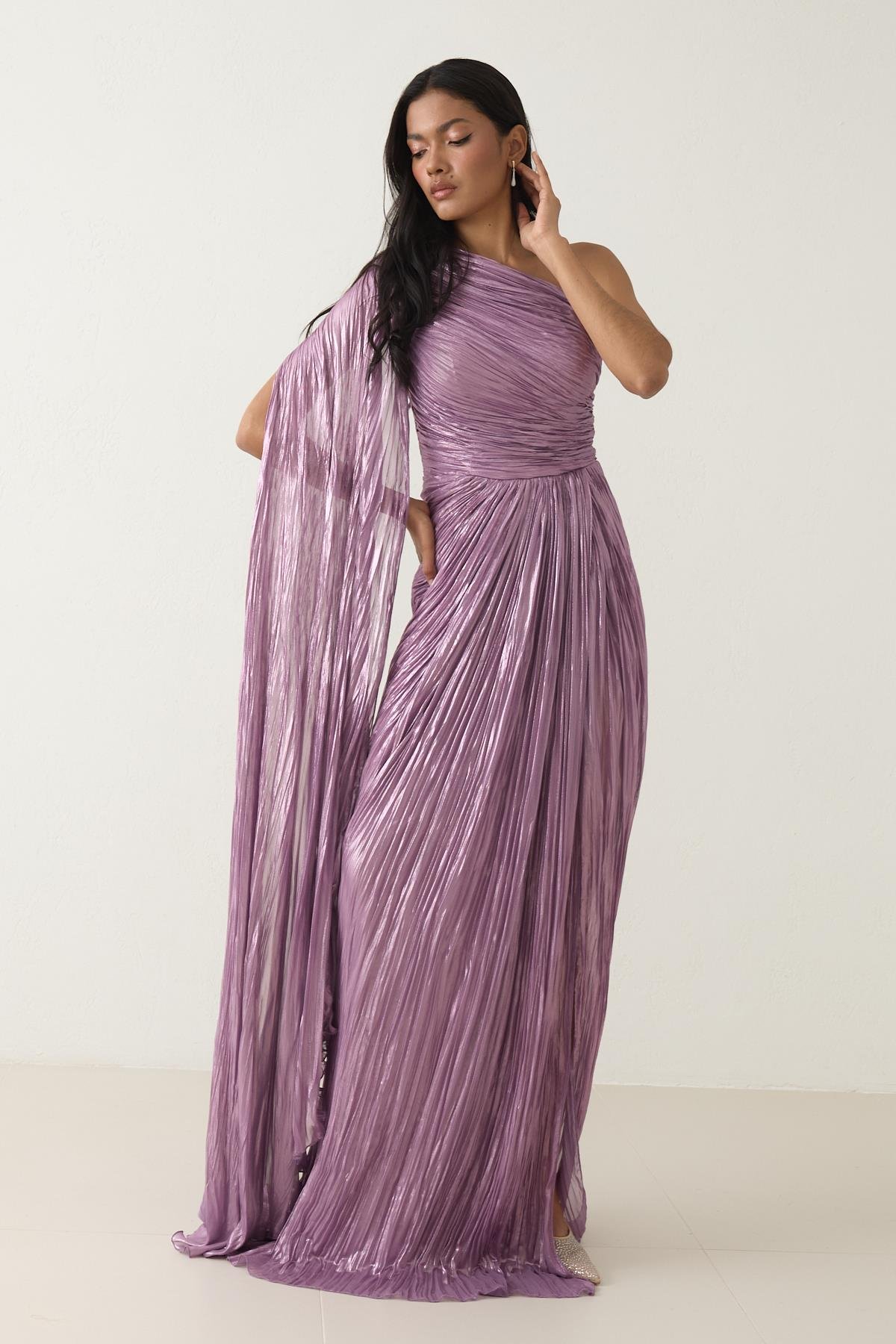 Lila Tek Omuz Drape Detaylı Tam Kalıp Uzun Abiye Elbise