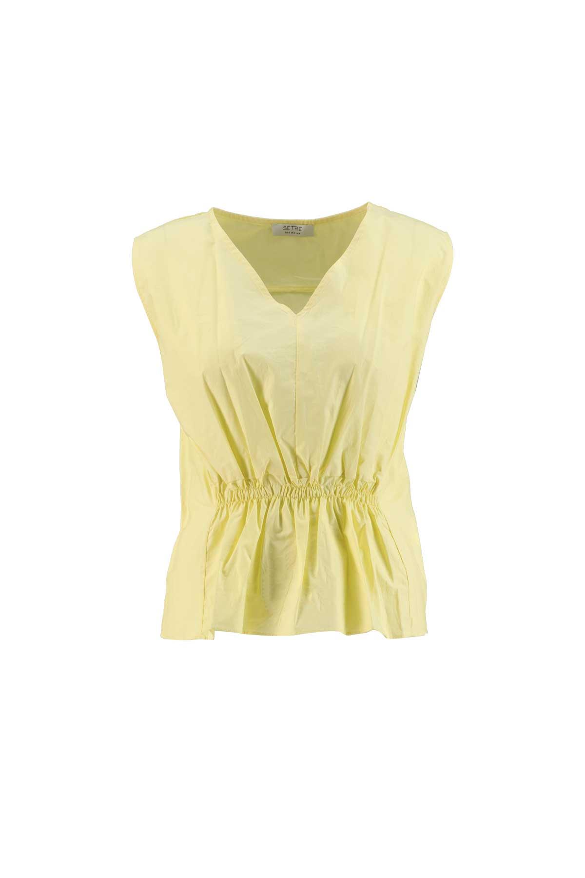 Lime Collar Balloon Half Sleeve Belted Cotton Blouse