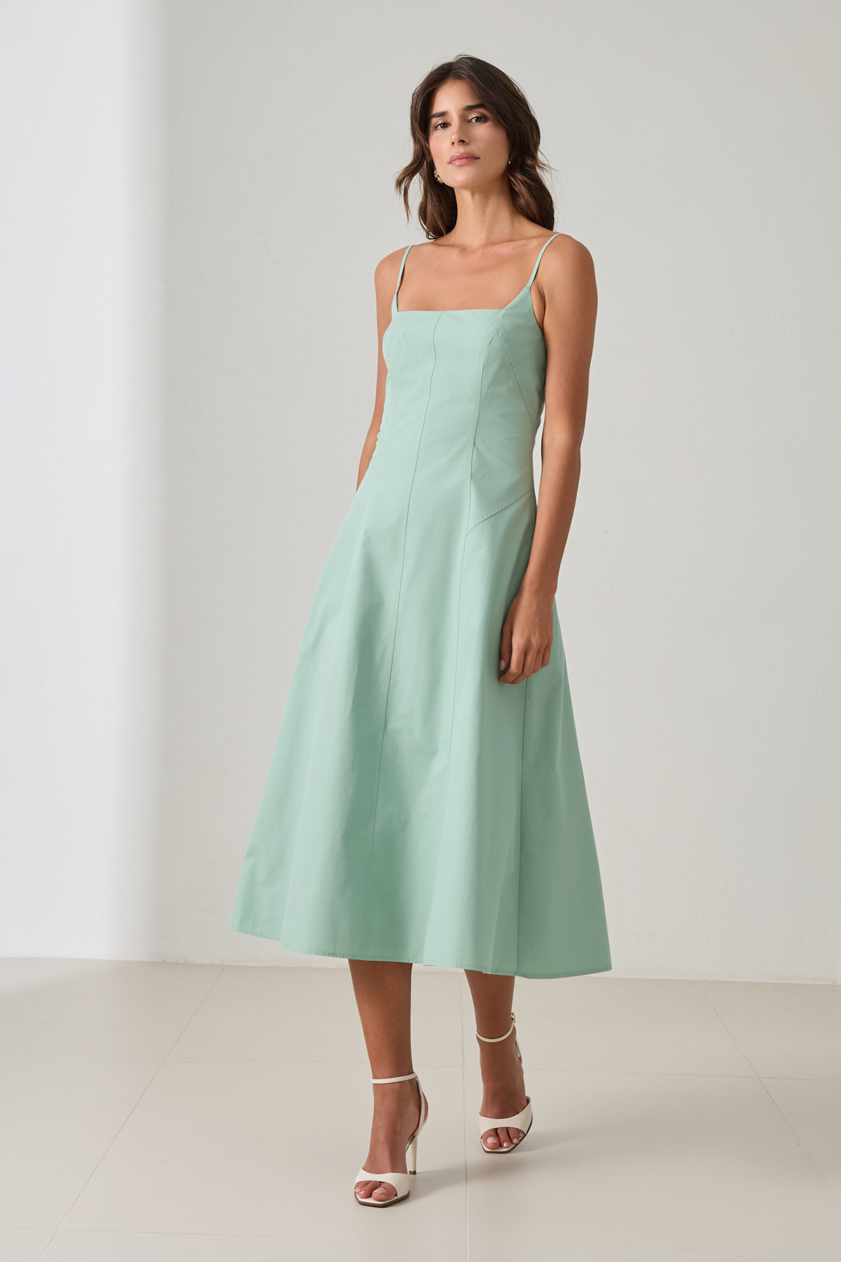 Mint Dar Kalıp %100 Pamuklu Askılı Belden Oturtmalı Midi Boy Dar Kalıp Elbise