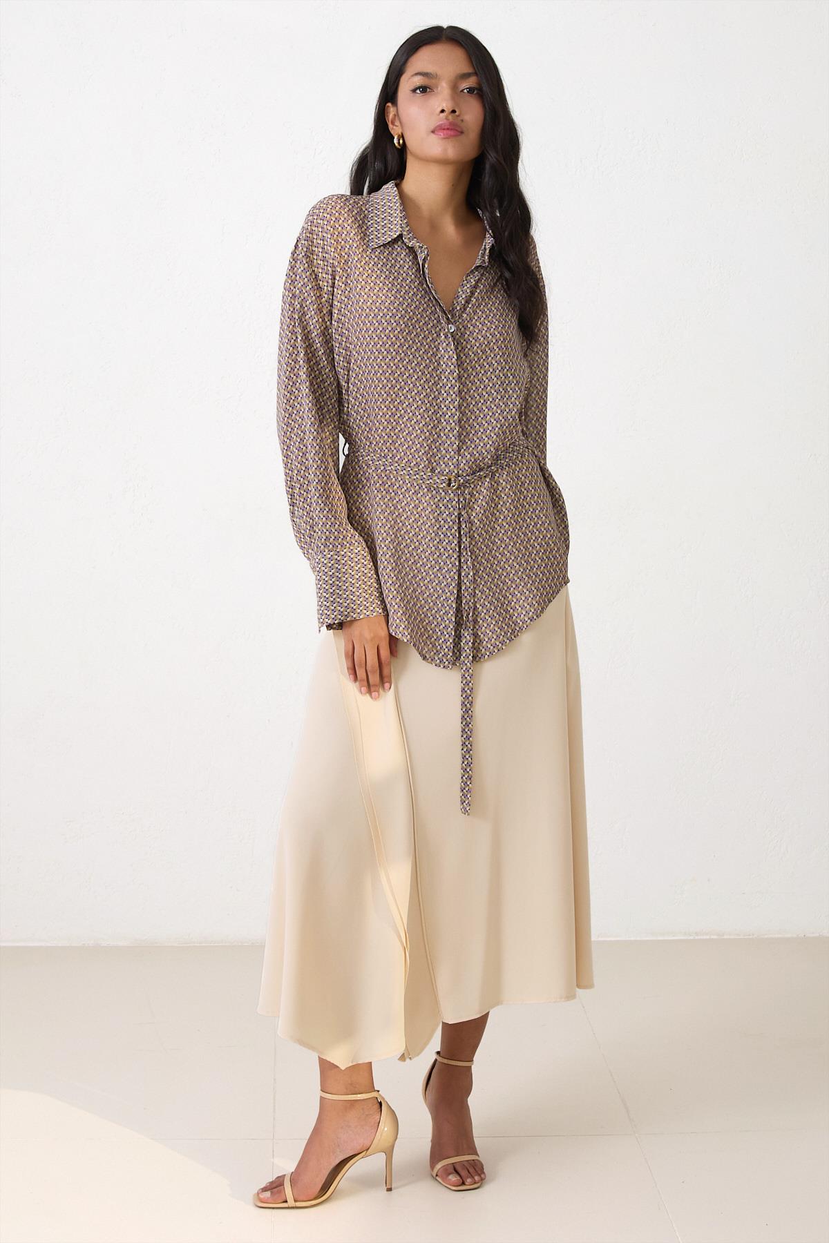 Mor Bağlama Detaylı Uzun Kollu Desenli Gömlek