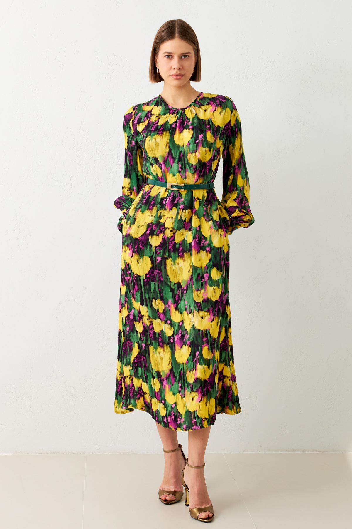 Mor Belden Kemer Detaylı Bisiklet Yaka Uzun Kol Desenli Midi Boy Elbise