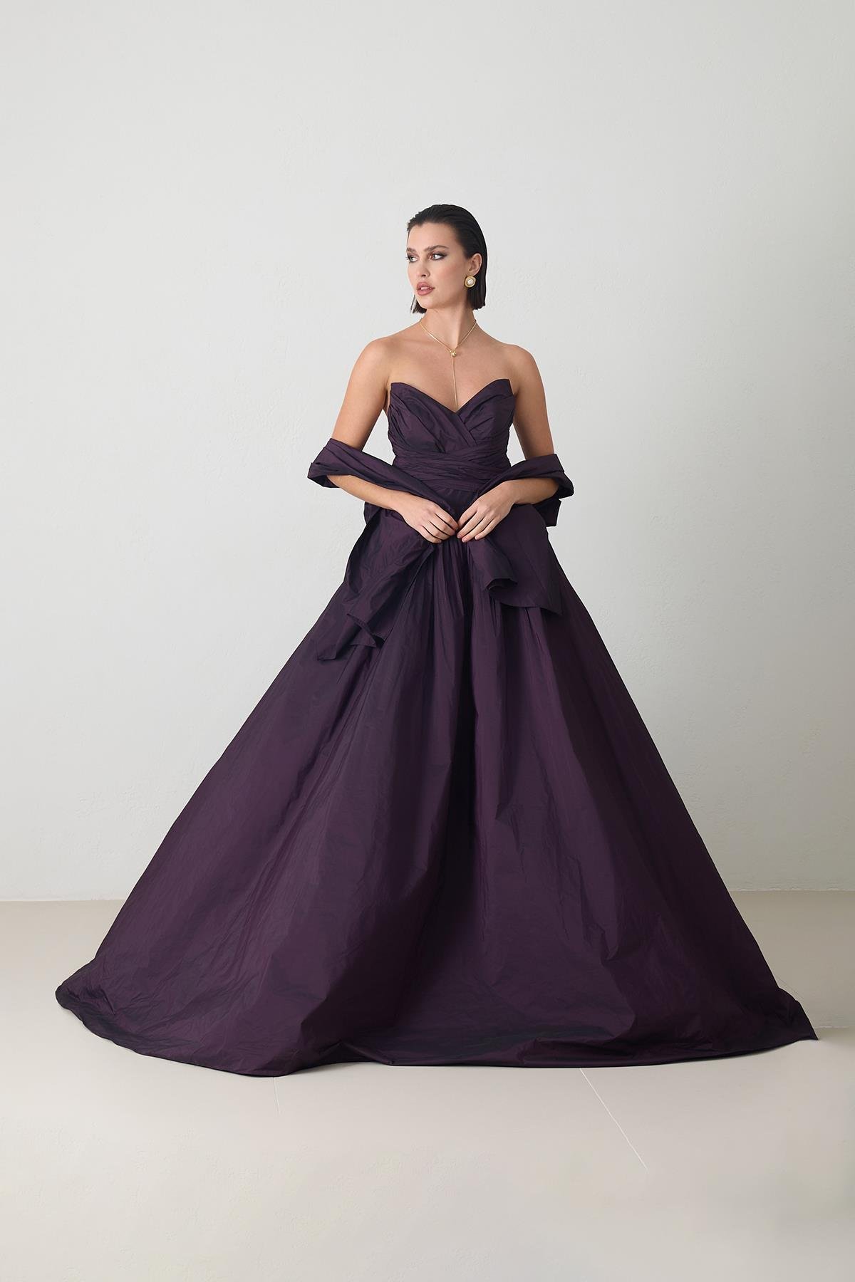 Mor Straplez Belden Kurdele Ve Boyundan Şal Detaylı Prenses Model Abiye Elbise