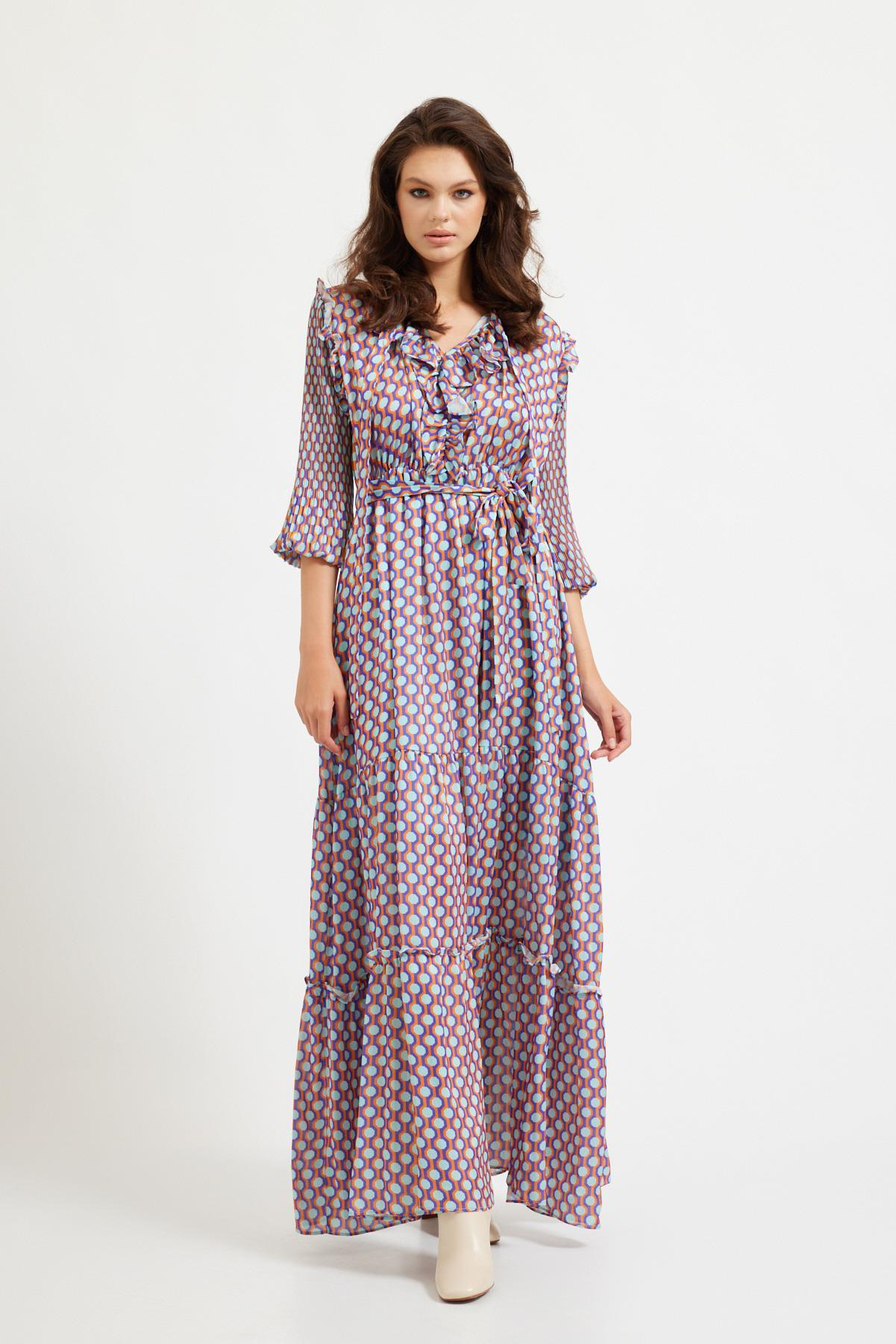 Mor/Oranj Pliseli Desenli Elbise Kadın Günlük Elbise modelleri