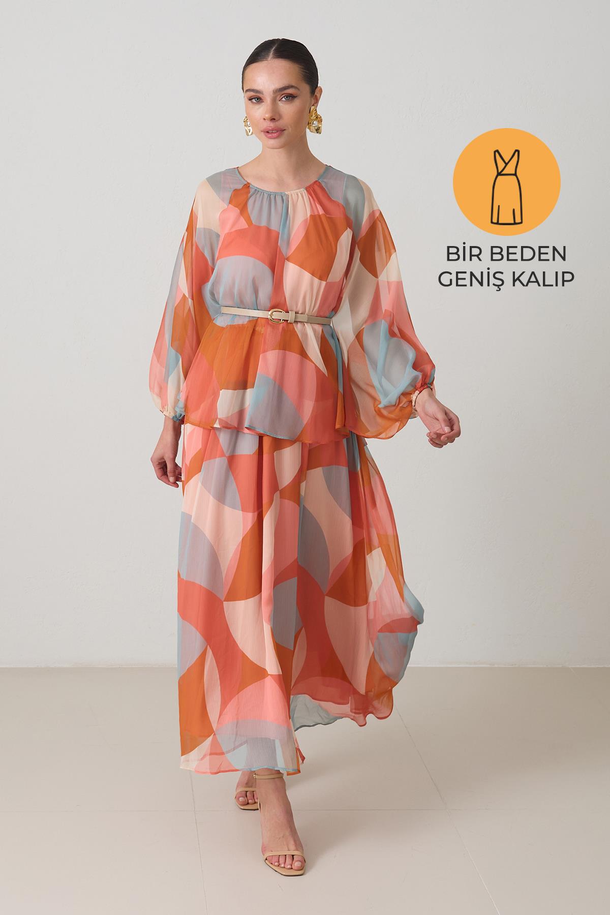Oranj Belden Kemer Detaylı Geniş Kalıp Uzun Elbise