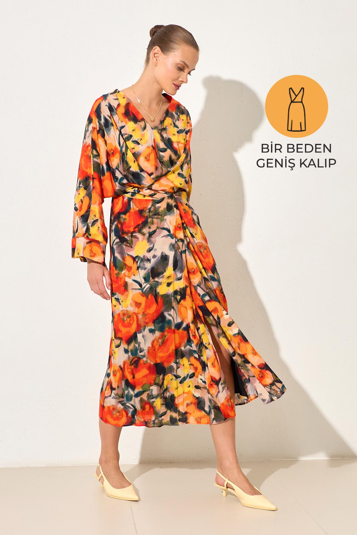 Oranj V Yaka Kol Ve Bağlama Detaylı Desenli Elbise