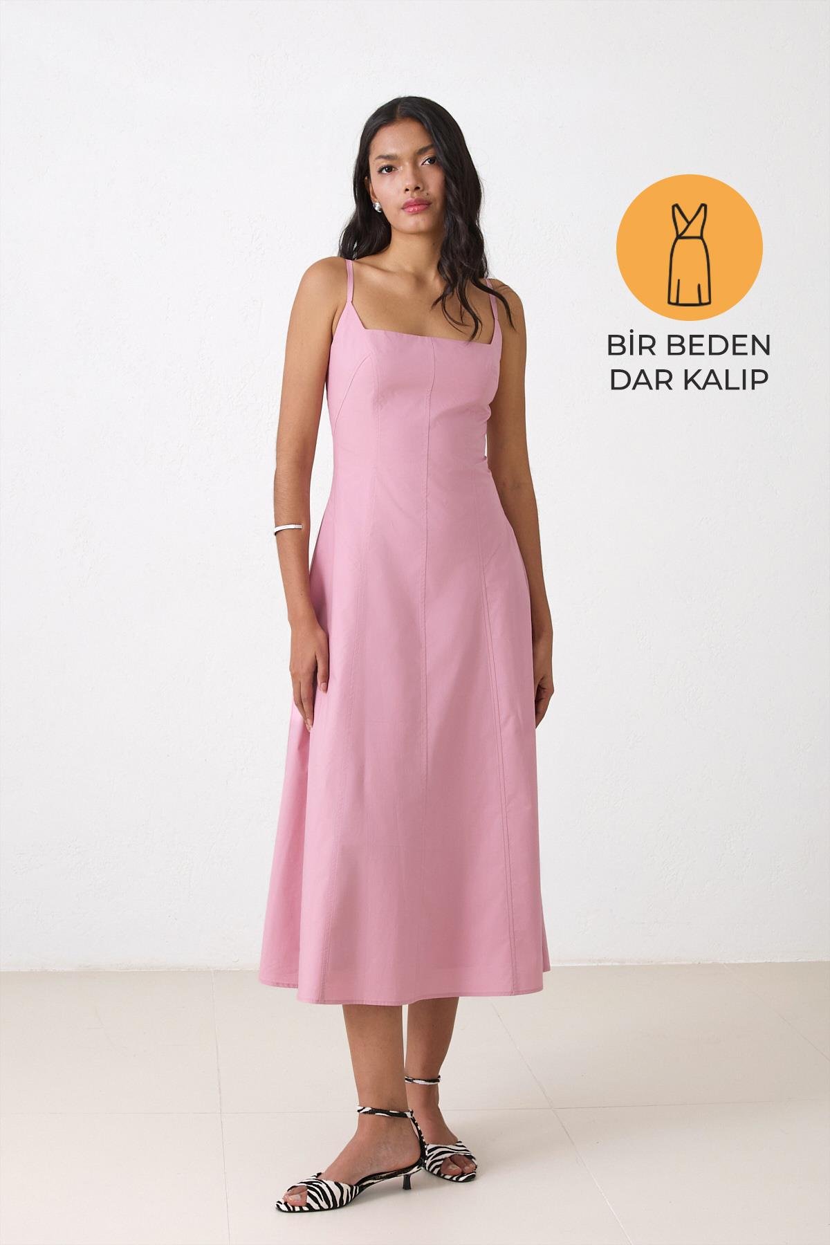 Pembe Dar Kalıp %100 Pamuklu Askılı Belden Oturtmalı Midi Boy Dar Kalıp Elbise