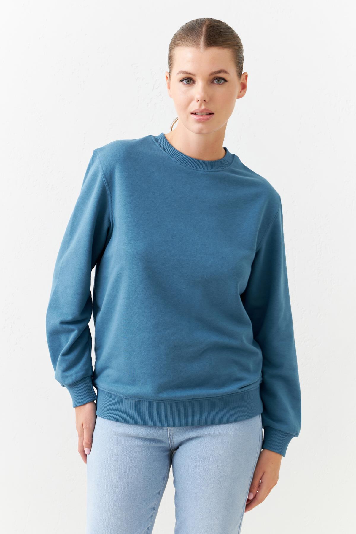 Petrol Basic Bisiklet Yaka Uzun Kollu Sweatshirt
