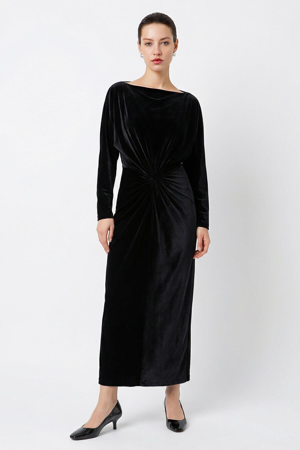 Siyah Kol Ve Yaka Detaylı Belden Drapeli Midi Boy Elbise Kadın Elbise modelleri