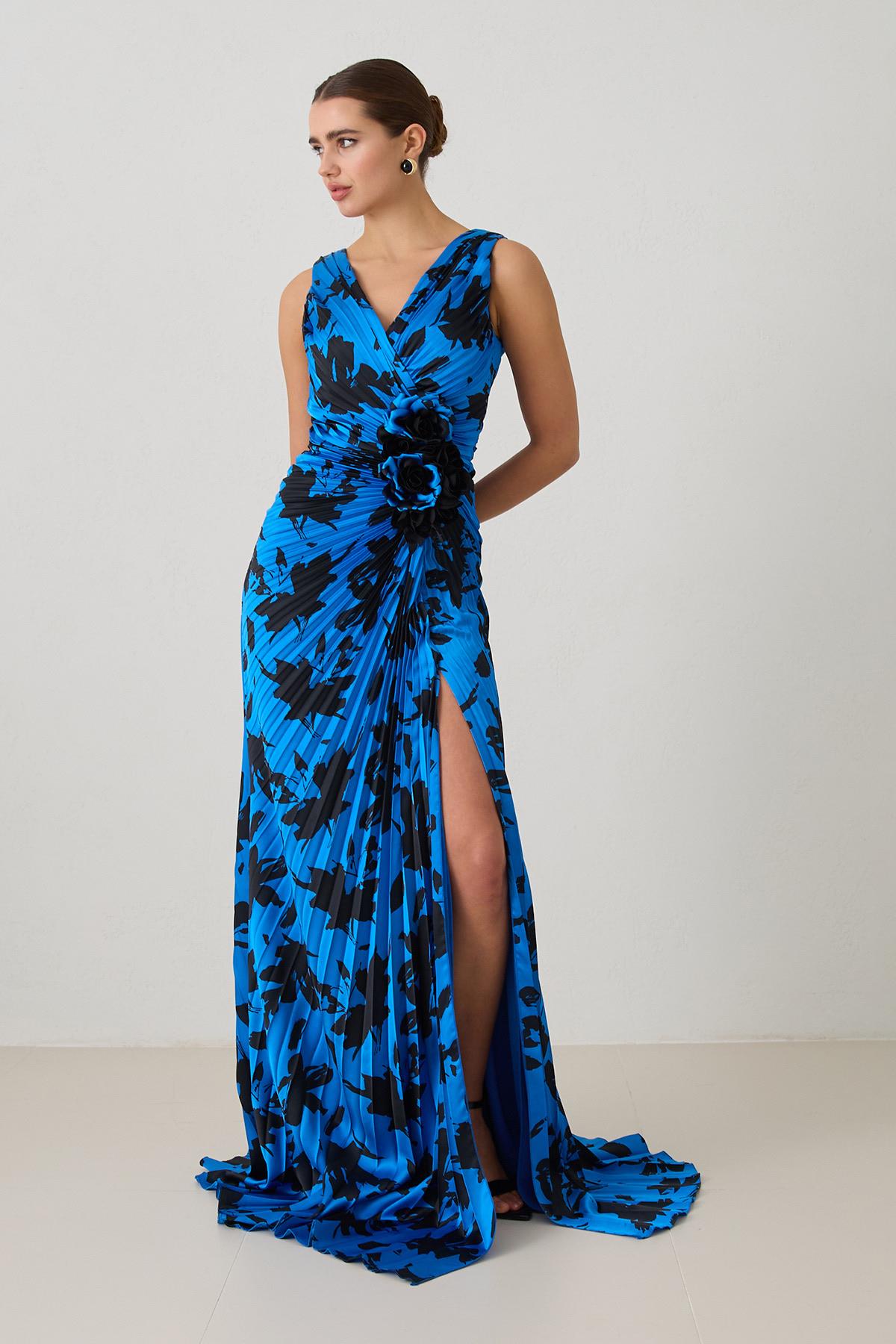 Siyah-Saks Asimetrik Yaka Drapeli Kolsuz Uzun Boy Abiye Elbise Kadın Abiye Elbise modelleri