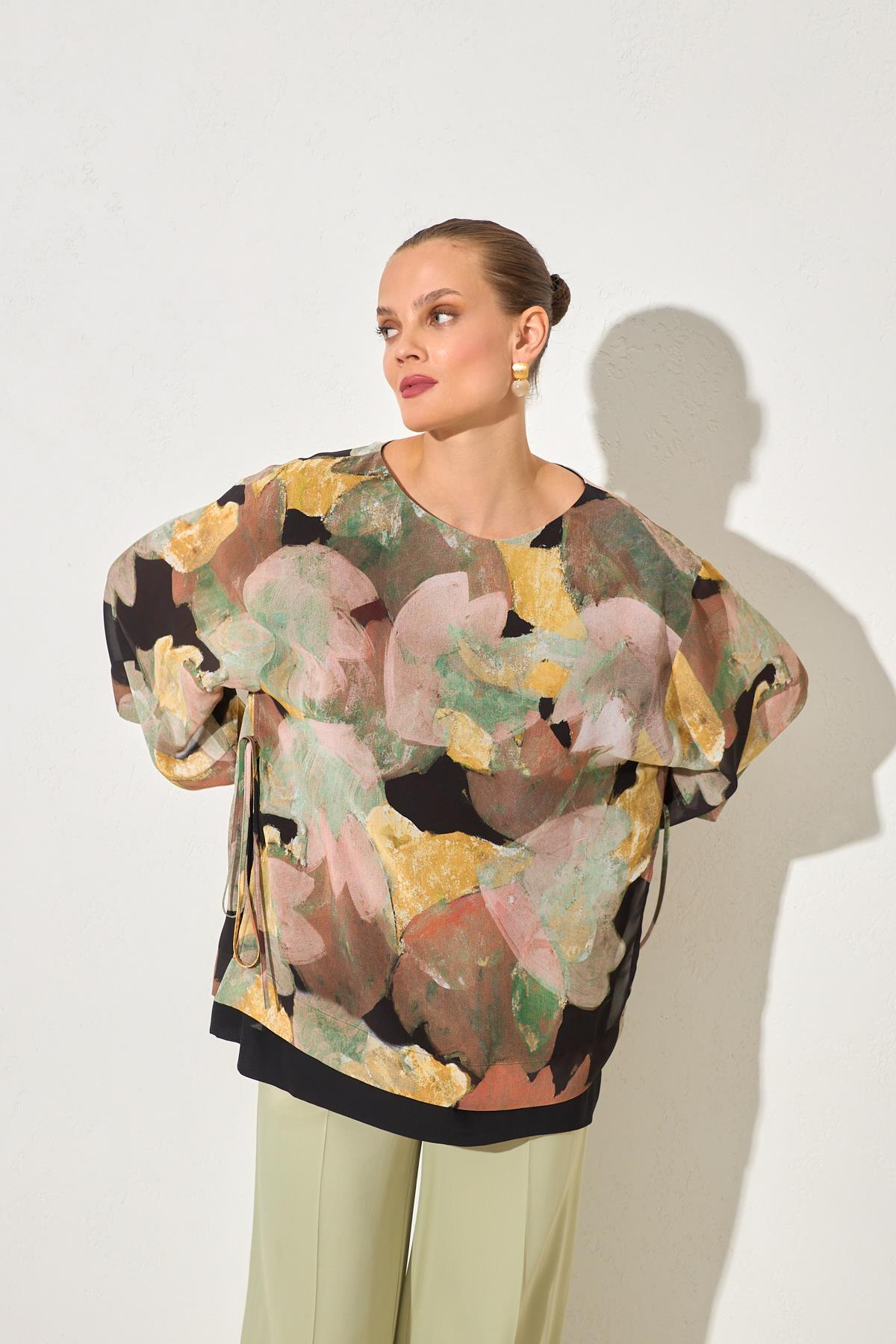 Siyah-Sarı Desenli Uzun Kollu Bluz