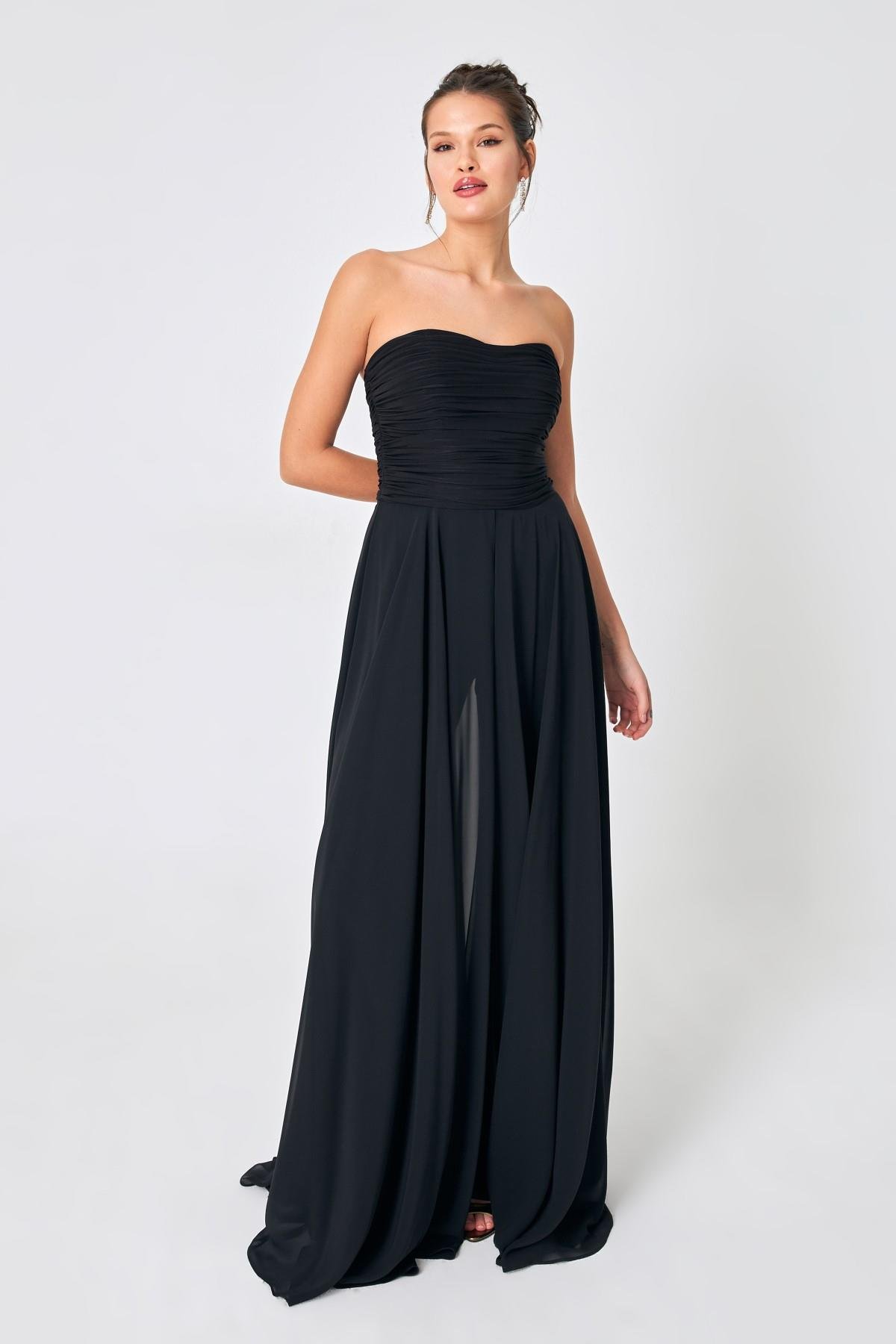 Siyah Straplez Drape Ve Tül Detaylı Maxi Boy Abiye Elbise