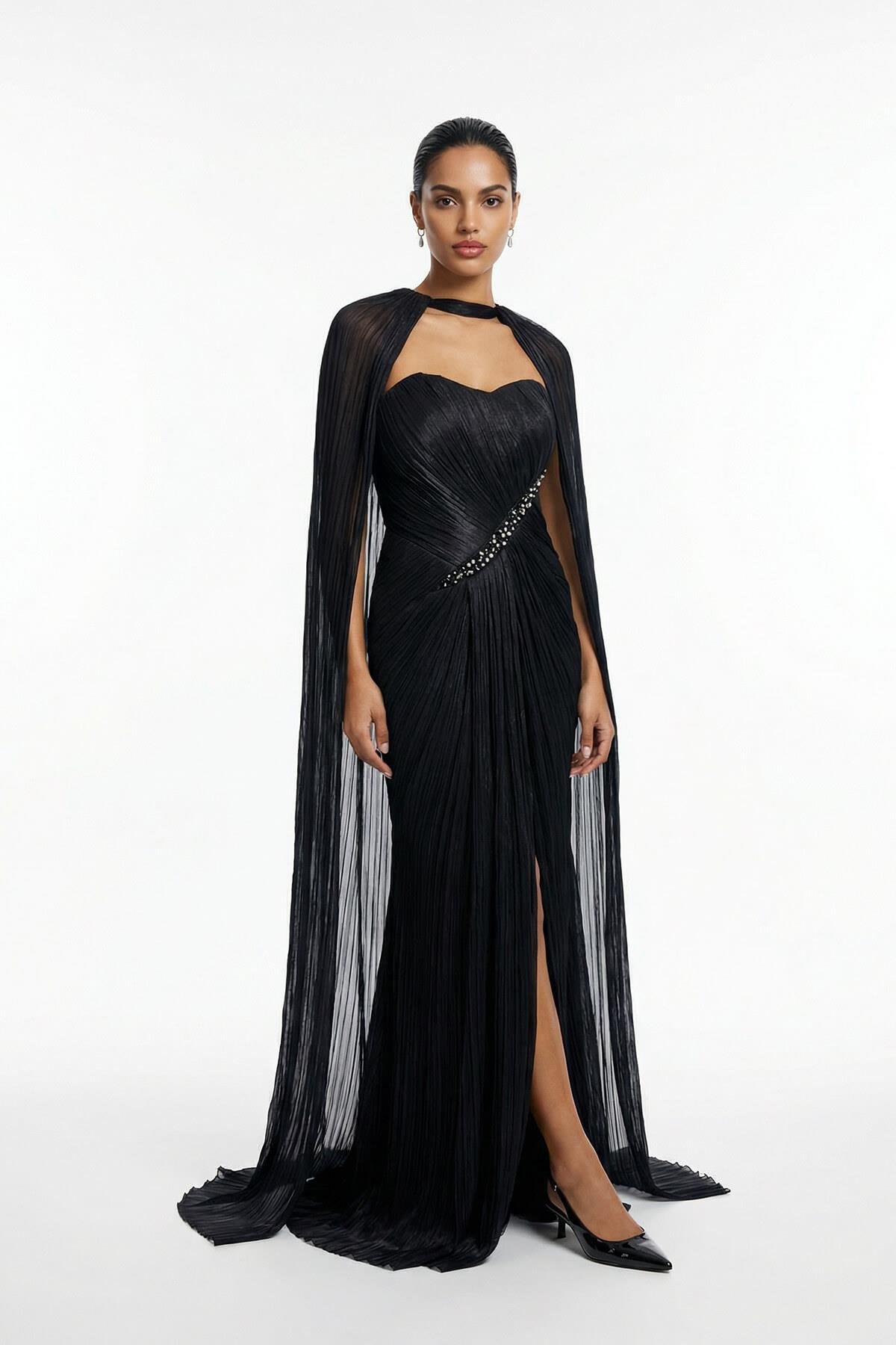 Siyah Straplez Yaka Detaylı Dökümlü Abiye Elbise Kadın Abiye Elbise modelleri