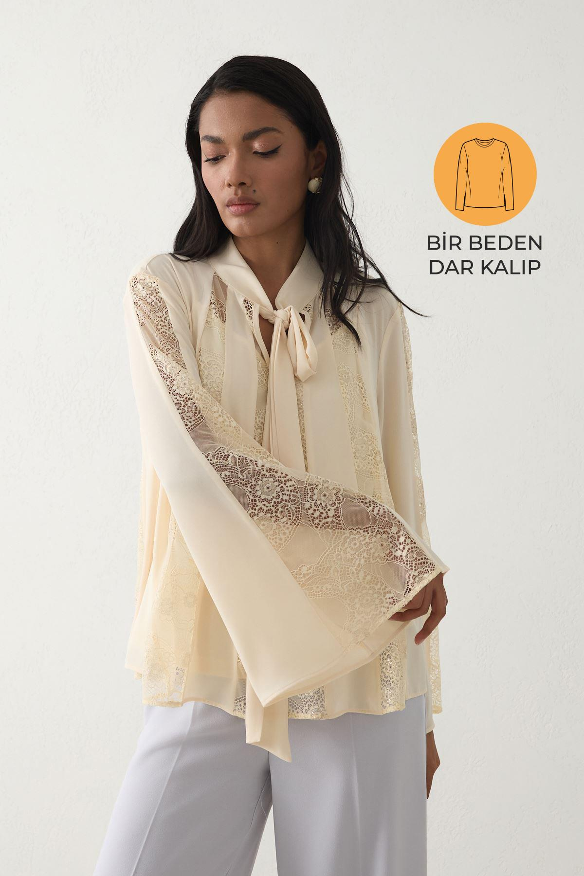 Tereyağ Sarısı Dar Kalıp Boyundan Bağlama Ve Dantel Detaylı Bluz