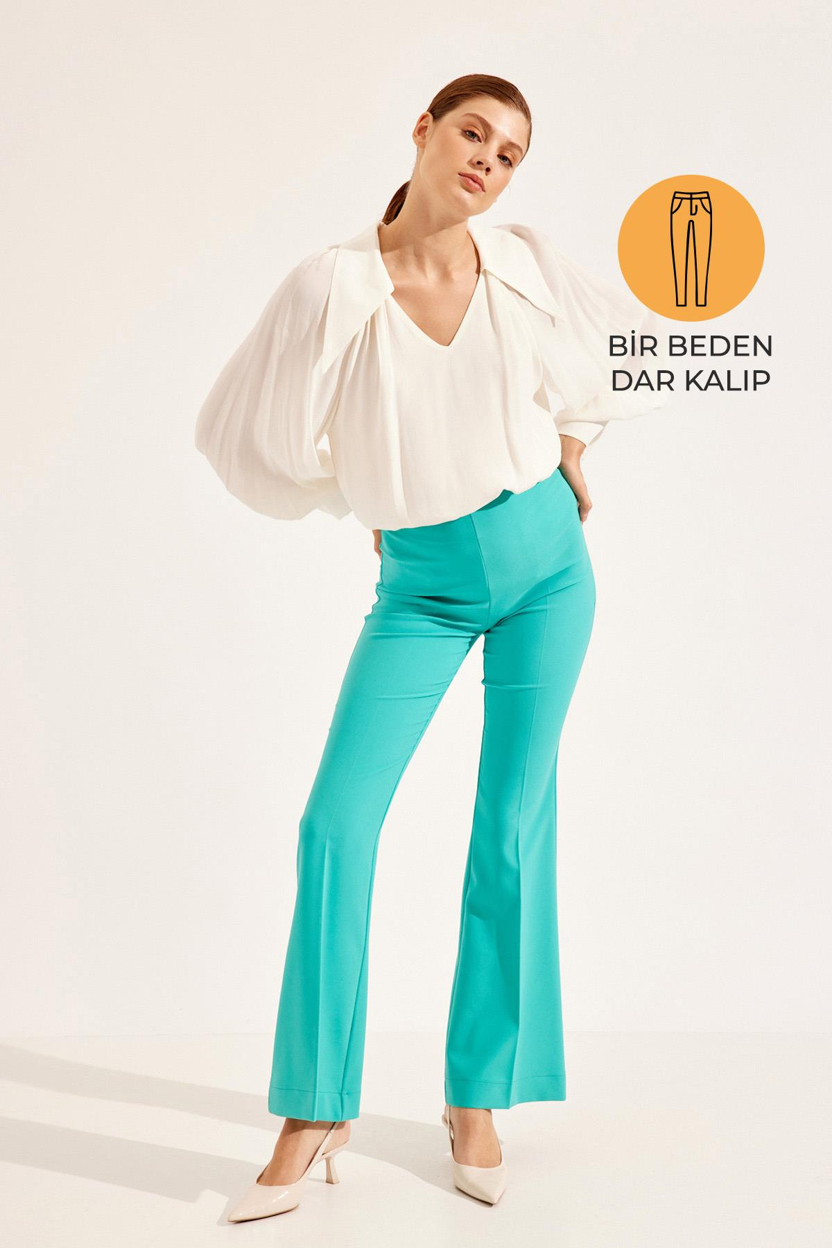 Turkuaz Dar Kalıp Bol Paça Pantolon