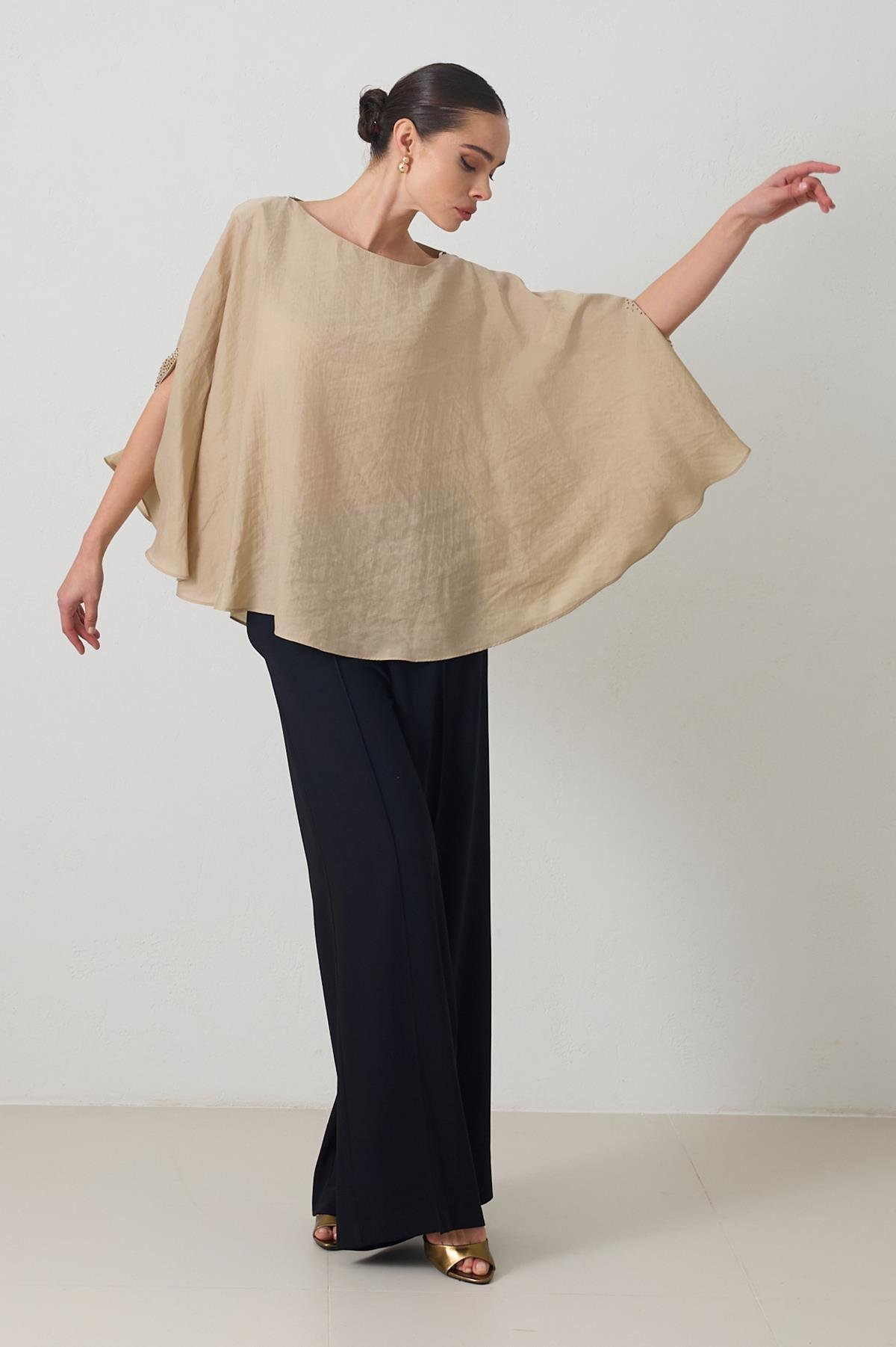 Vizon Kayık Yaka Uzun Kollu Rahat Kesim Bluz