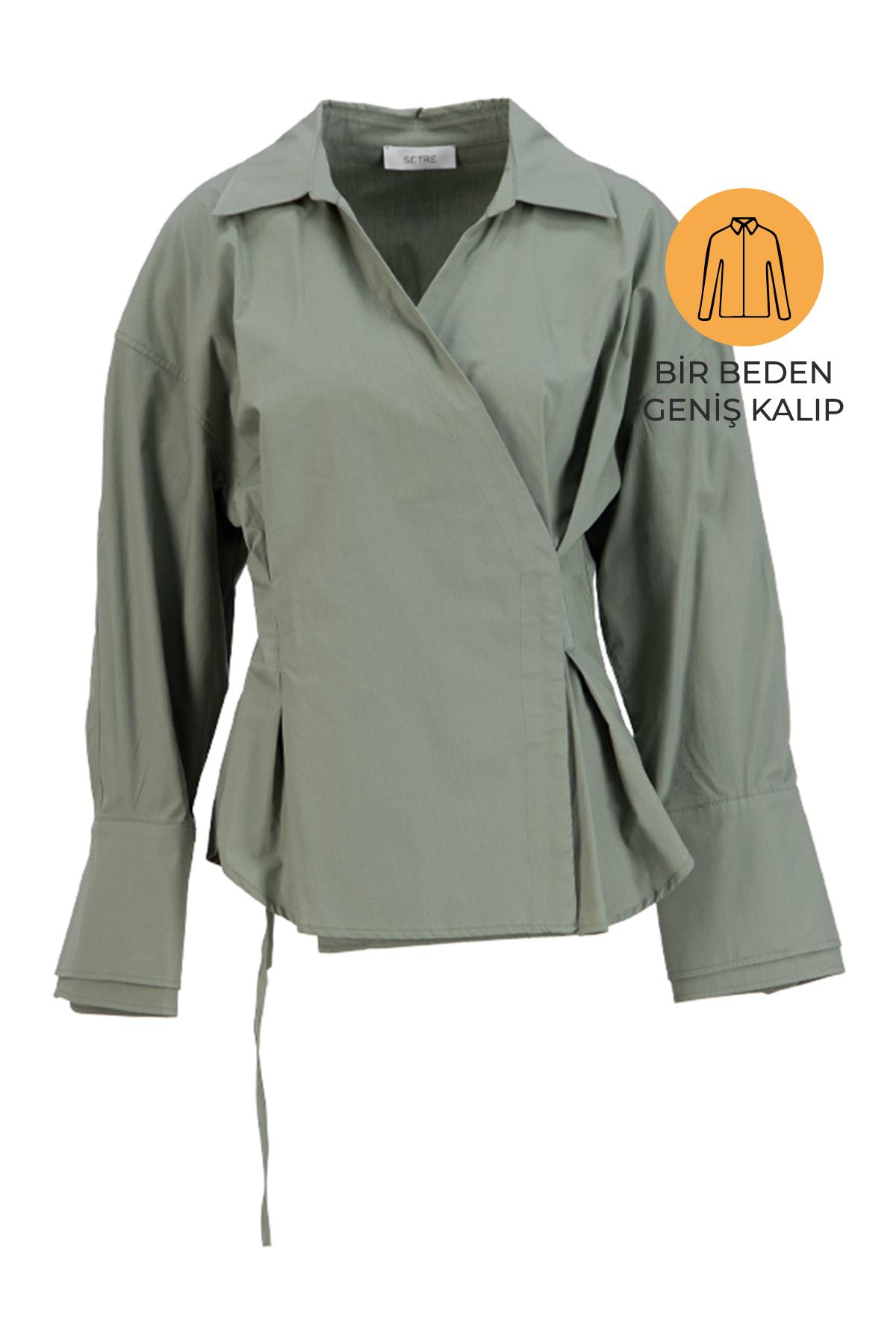 Zeytin Belden Detaylı Asimetrik Kapamalı Uzun Kollu Geniş Kesim Gömlek Kadın Gömlek modelleri