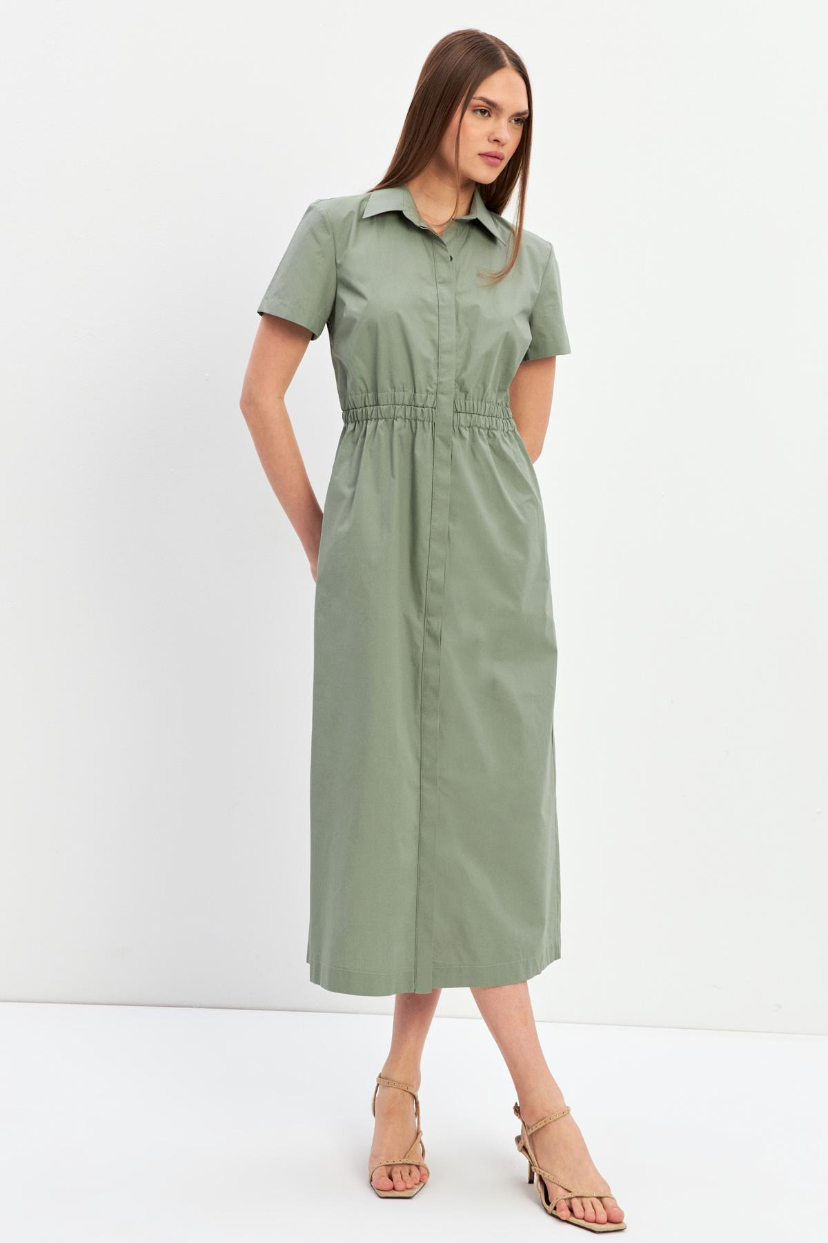 Zeytin Gömlek Yaka Belden Büzgü Detaylı Kısa Kollu Elbise