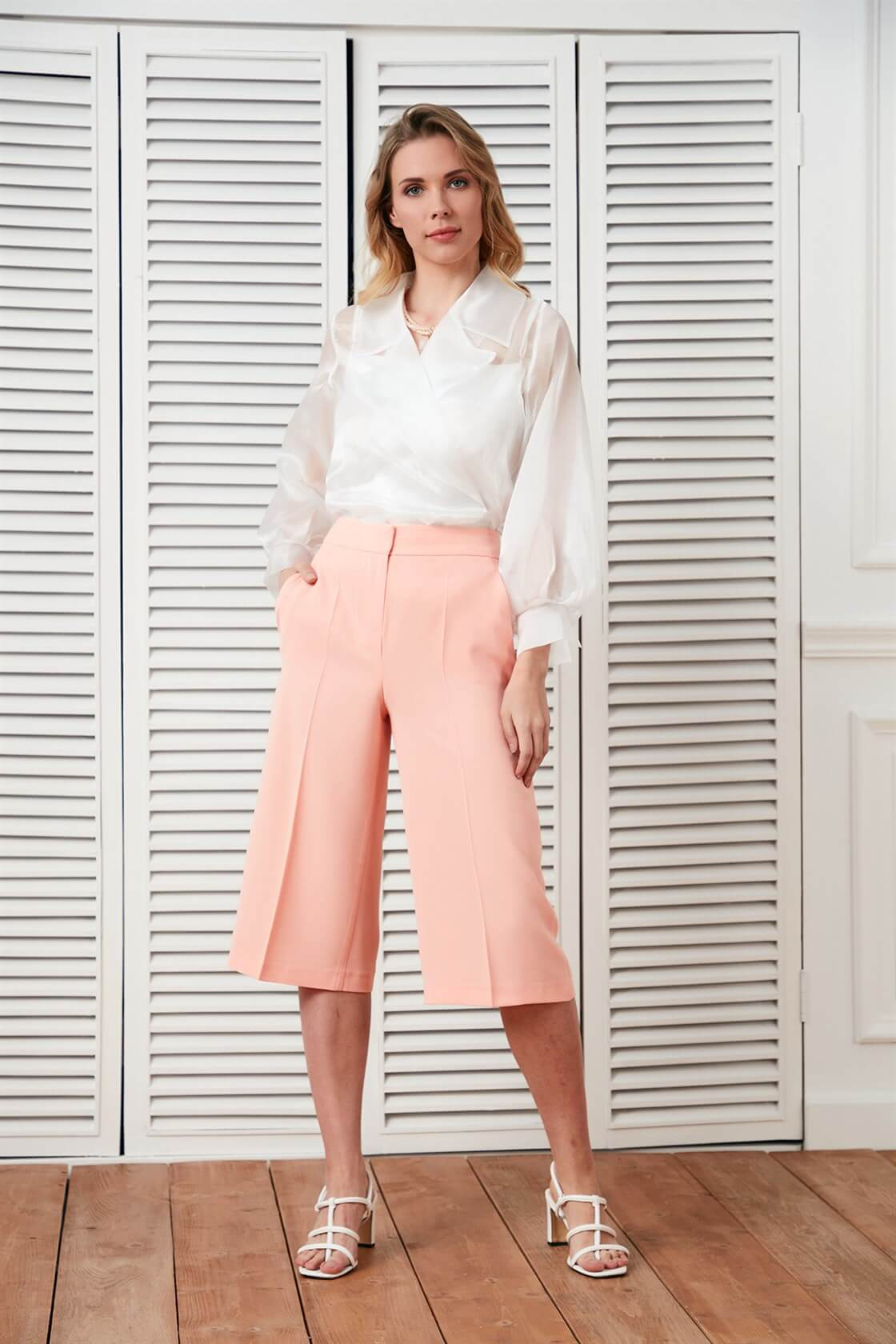 Salmon  Collar Belted Below Knee Midi Length Three-quarter Sleeve Dress