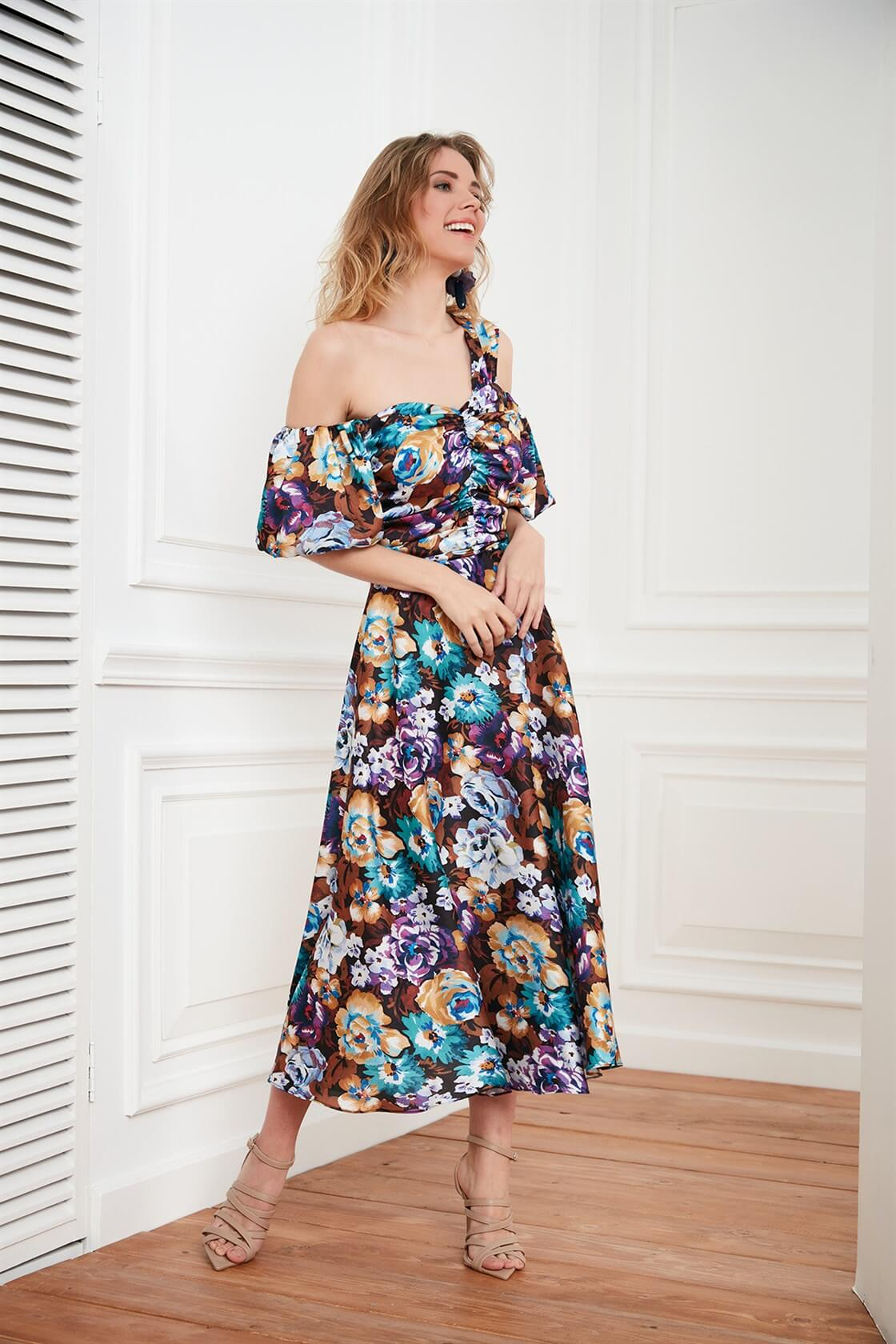 Turkuaz-Mor Kısa Kol Midi Elbise