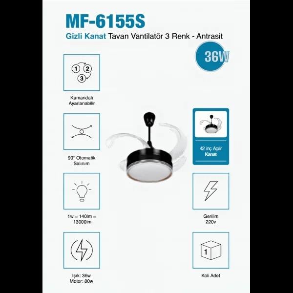 Minofell MF-6155S 36W Gizli Kanat Tavan VantilatörMİNOFELLHAVALANDIRMA ÜRÜNLERİ