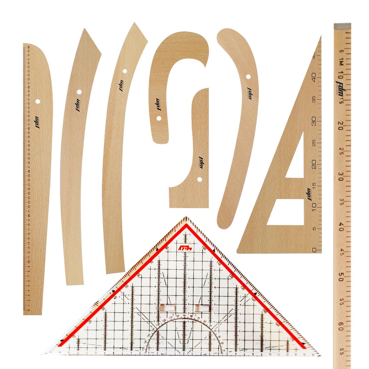 FDM 9 Parça Set - 7 Parça Ahşap Riga Seti, Dikiş Seti 1 Metre Tahta Cetvel ve Modelist Gönyesi -