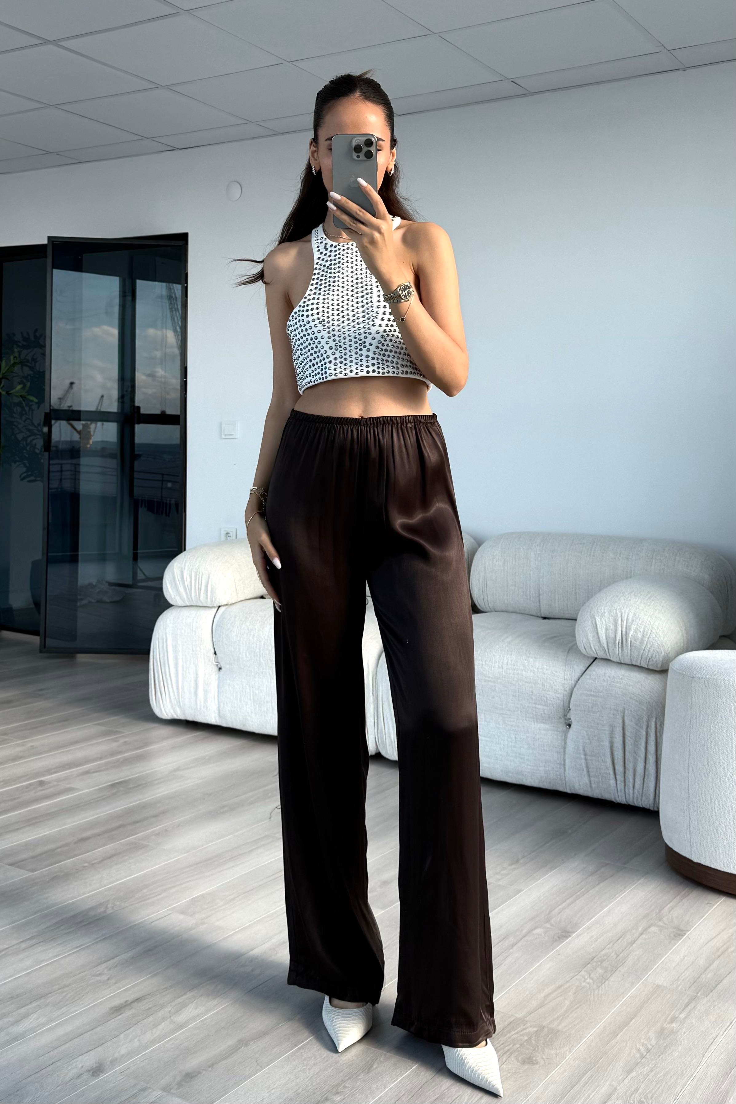 Acı Kahve Beli Lastikli Saten Pantolon - Kadın Trousers Modelleri - Nazliye Moda | Kadın Giyim Modası