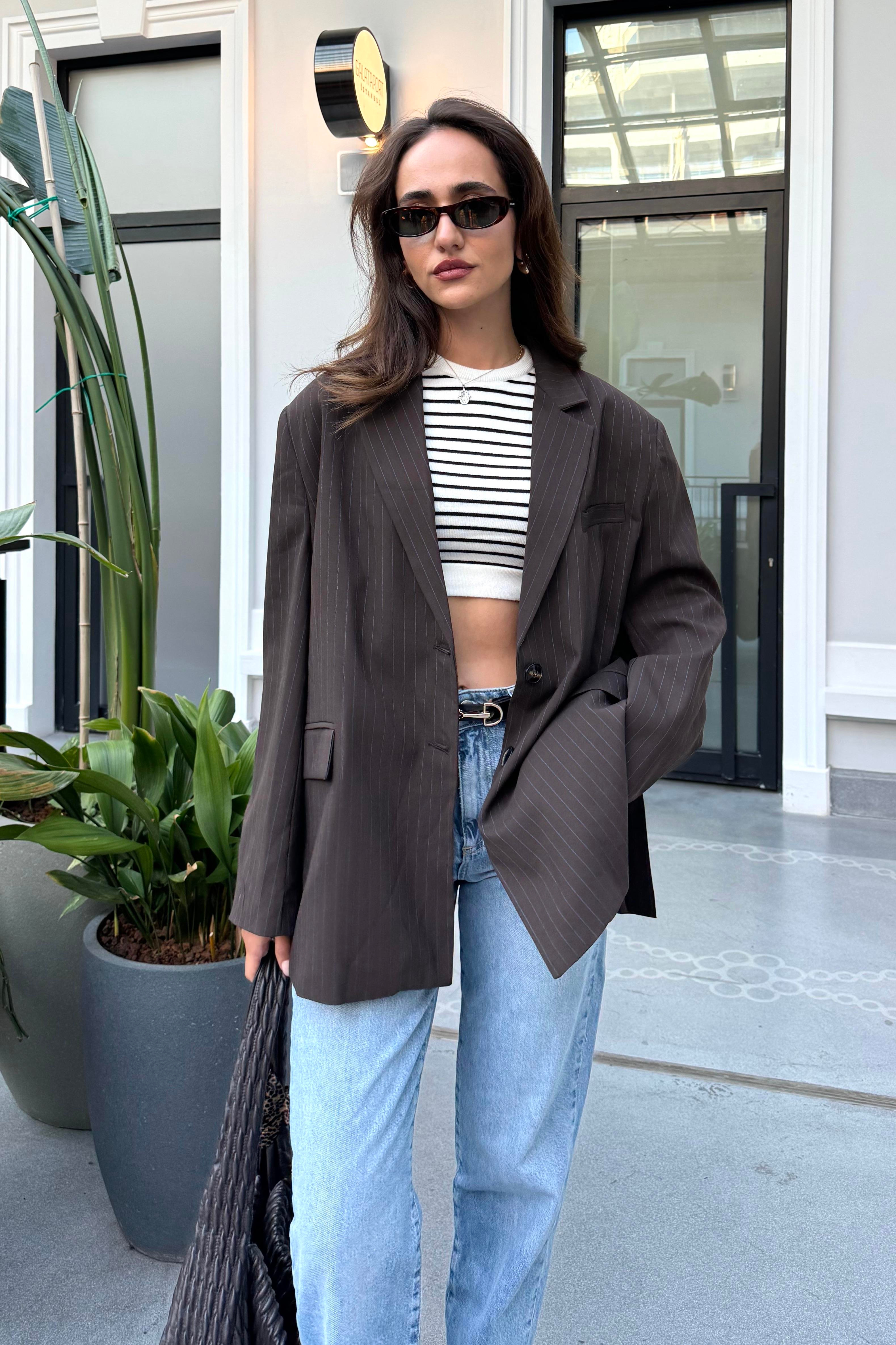 Acı Kahve Çizgili Maskülen Blazer Ceket - Kadın Blazer Ceket Modelleri - Nazliye Moda | Kadın Giyim Modası