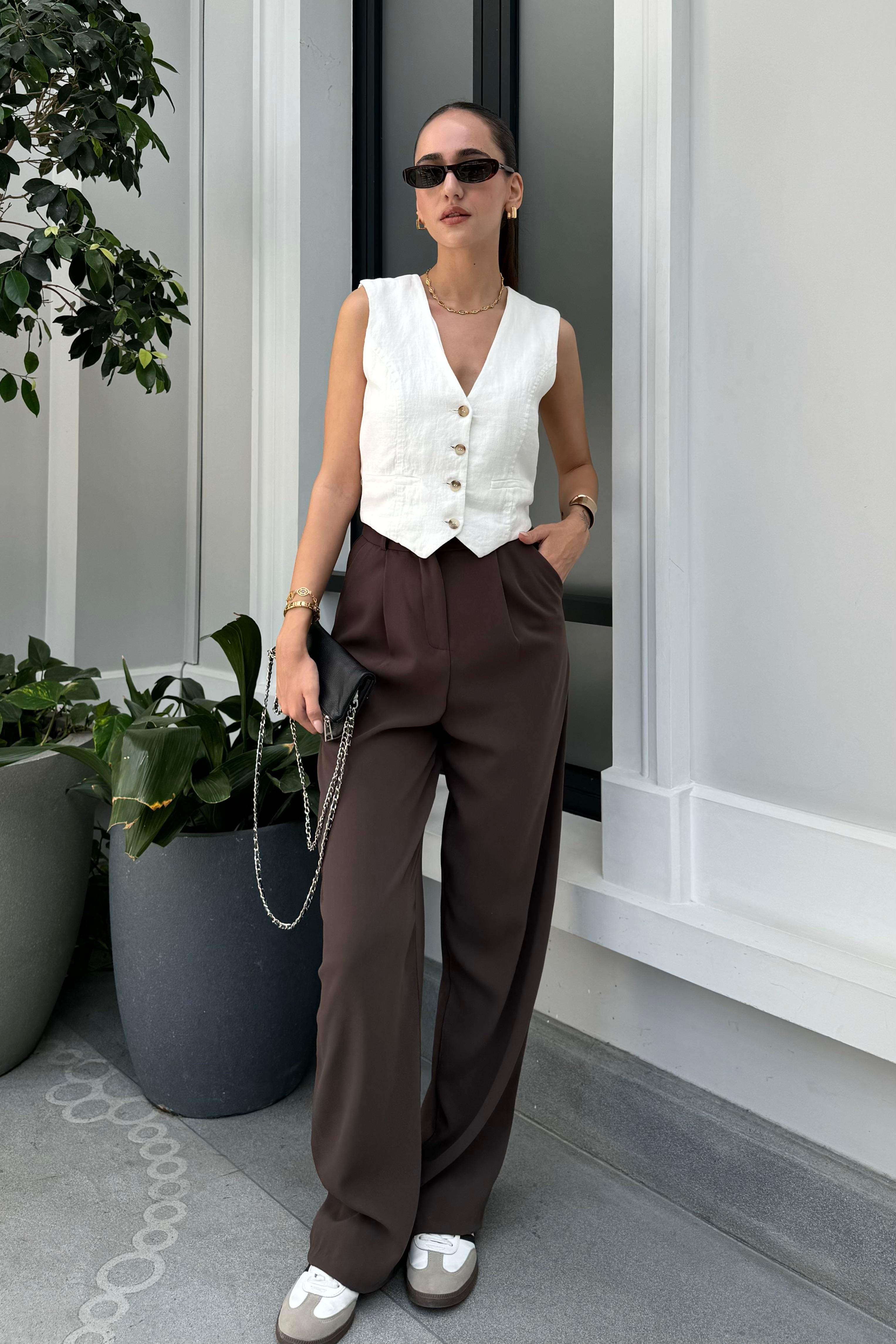 Acı Kahve Dökümlü Palazzo Pantolon - Kadın Trousers Modelleri - Nazliye Moda - Kadın Giyim Modası