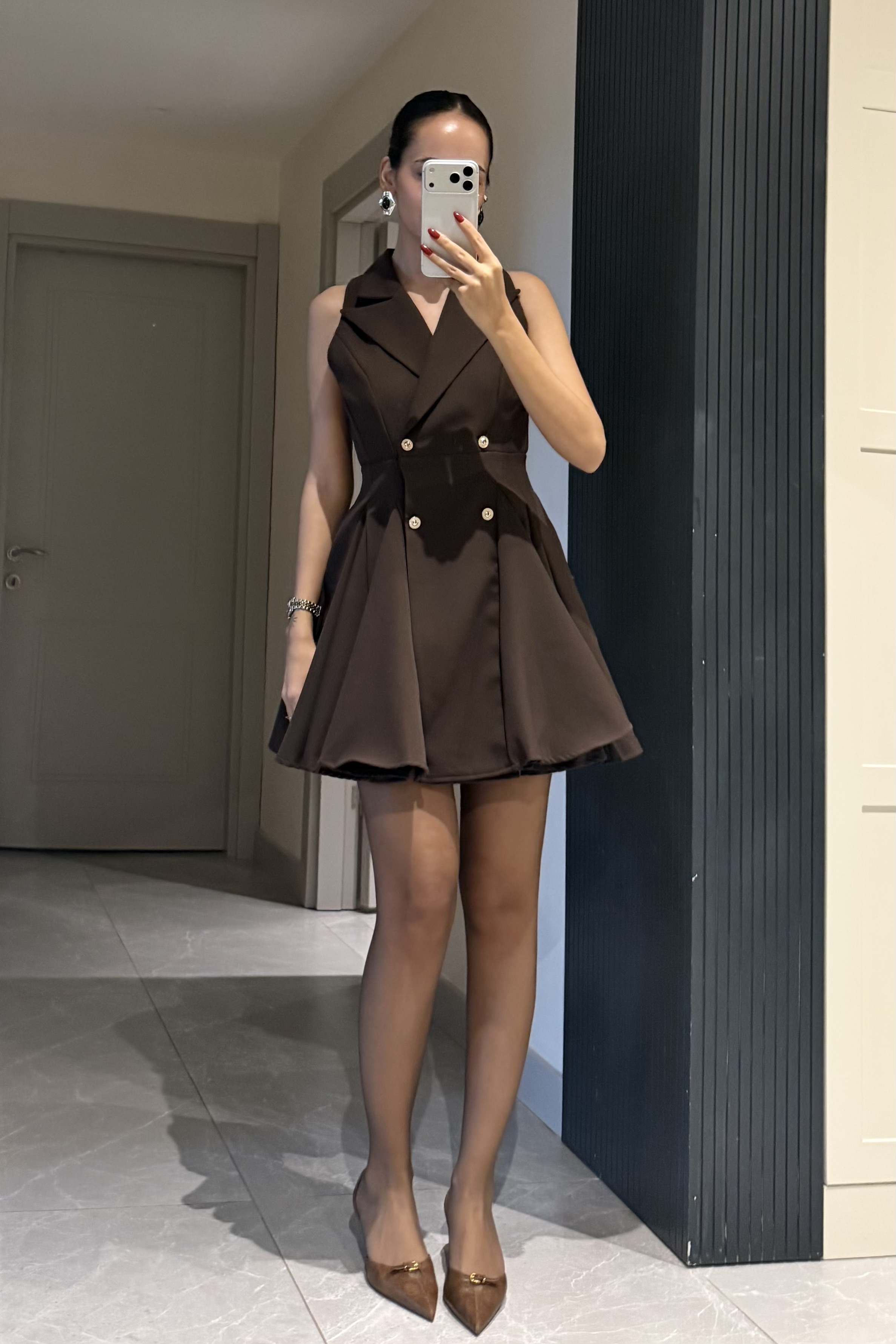 Acı Kahve Gold Düğmeli Mini Elbise - Kadın Elbise Modelleri - Nazliye Moda | Kadın Giyim Modası