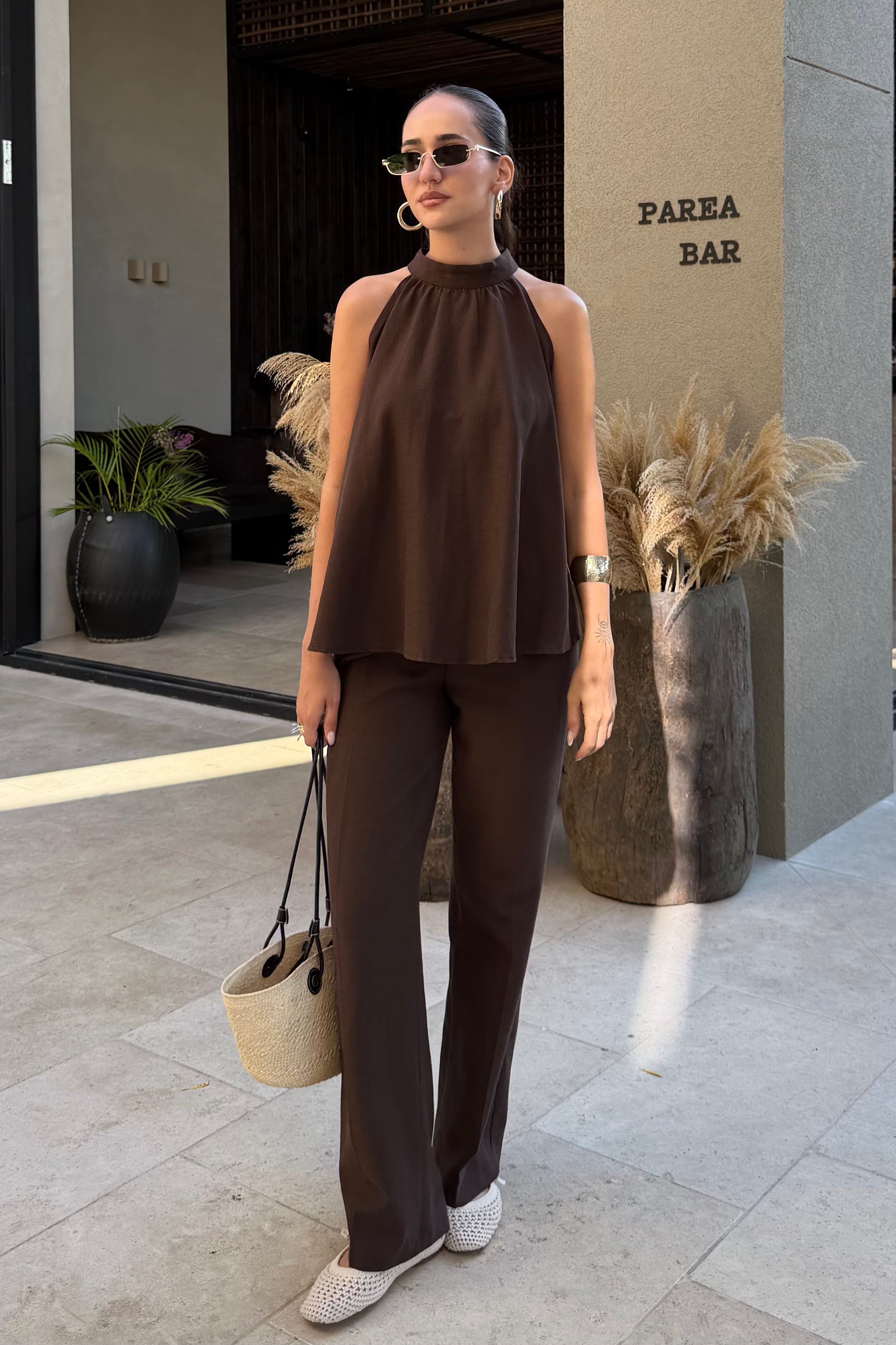Acı Kahve Halter Bluz Keten Takım - Kadın Takım Modelleri - Nazliye Moda | Kadın Giyim Modası