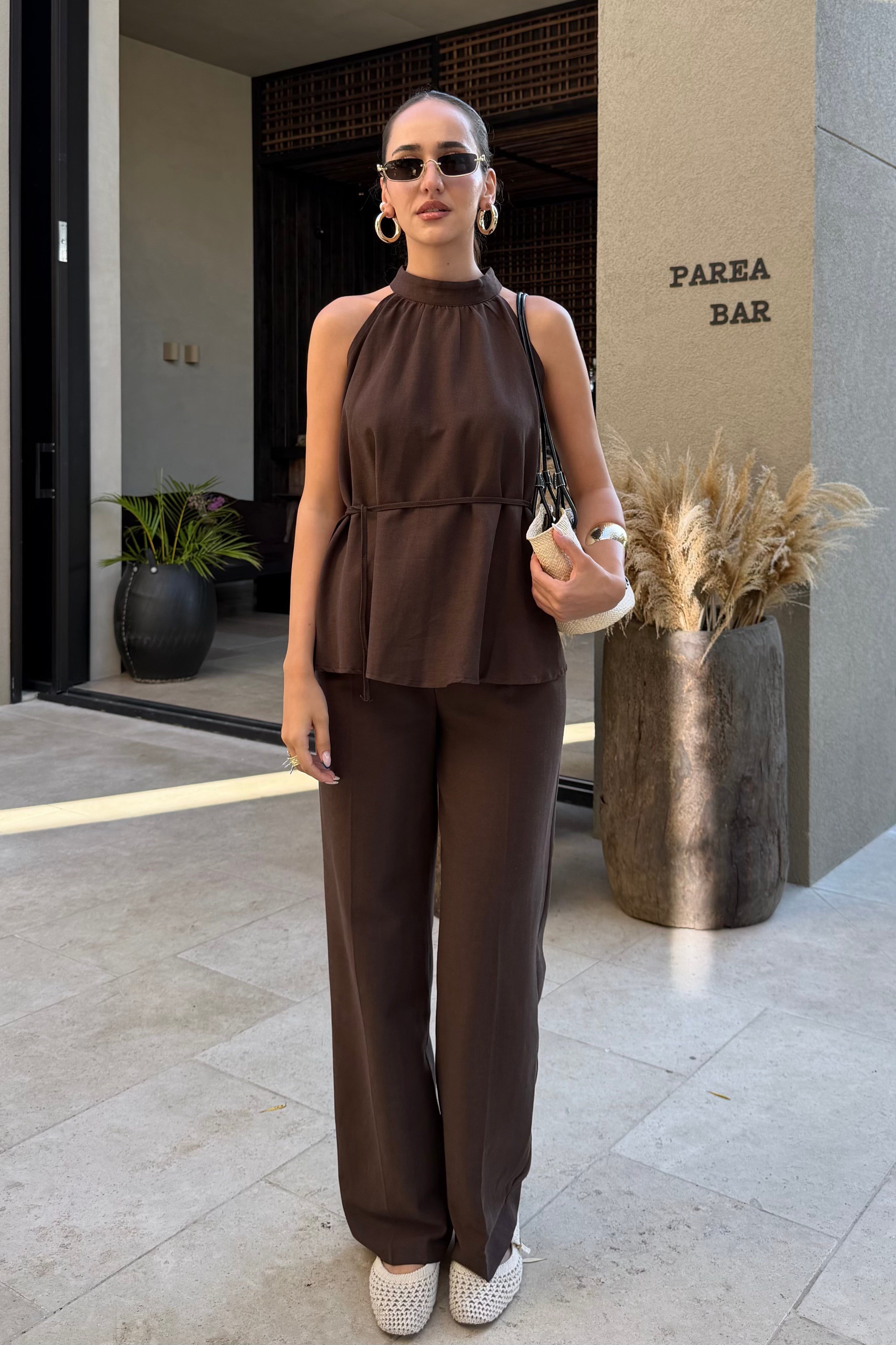 Acı Kahve Halter Bluz Keten Takım - Kadın Takım Modelleri - Nazliye Moda | Kadın Giyim Modası