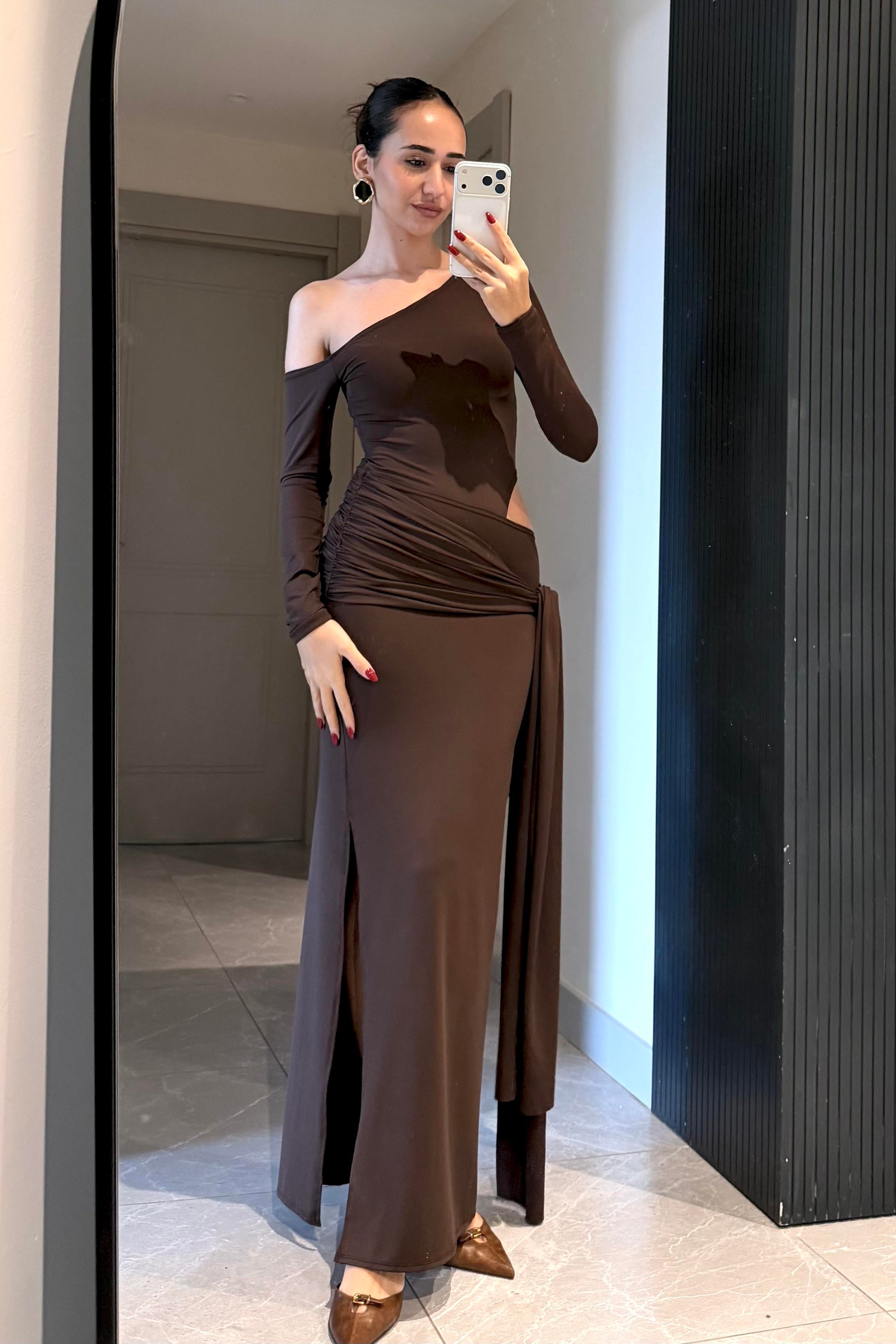 Acı Kahve Yırtmaç Detay Uzun Elbise - Kadın Elbise Modelleri - Nazliye Moda | Kadın Giyim Modası